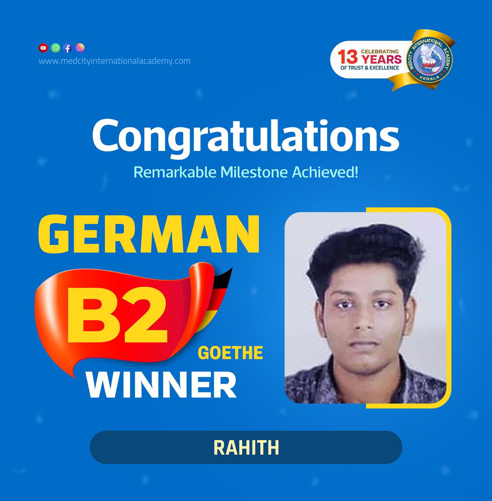 Medcity International Academy German B2 Goethe success banner featuring Rahith celebrating successful completion of the German B2 Goethe Examination. The banner highlights expert German language training for students preparing for higher education, Ausbildung programs, skilled careers, and employment opportunities in Germany.