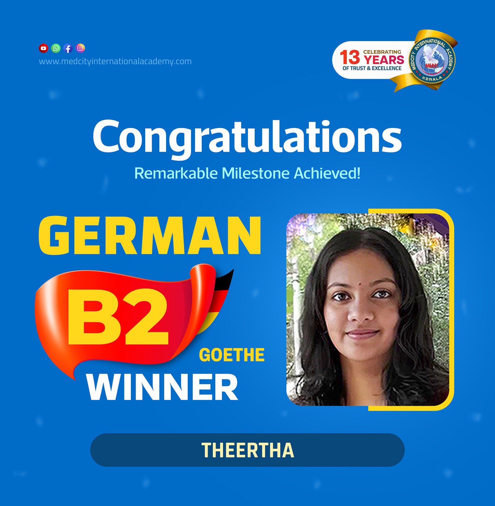 Medcity International Academy German B2 Goethe success banner featuring Theertha celebrating successful completion of the German B2 Goethe Examination. The banner highlights expert German language training for students preparing for higher education, Ausbildung programs, nursing careers, and career opportunities in Germany.