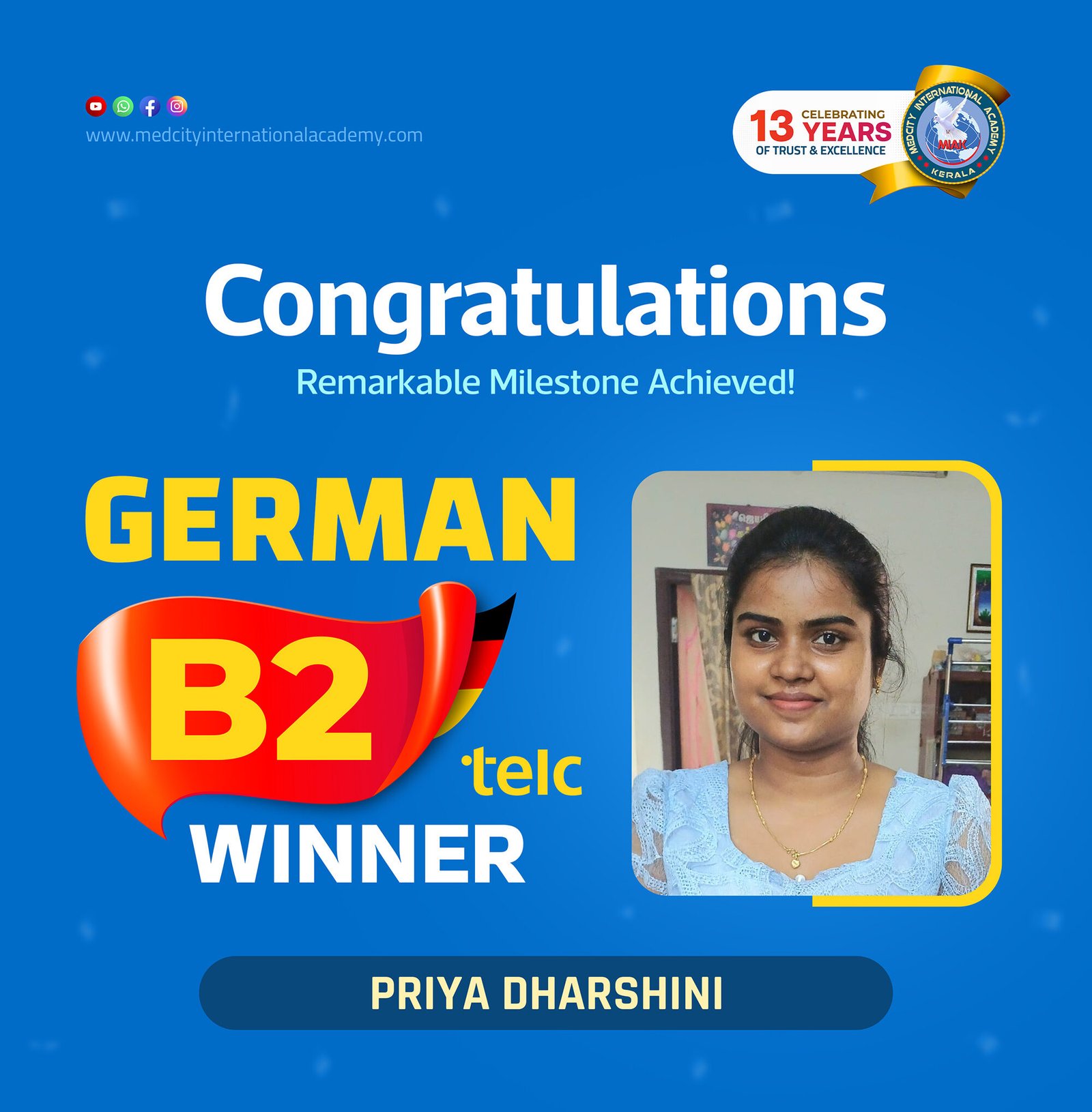 Medcity International Academy German B2 TELC success banner featuring Priya Dharshini celebrating successful completion of the German B2 TELC Examination. The banner highlights expert German language training for students preparing for higher education, Ausbildung programs, nursing careers, and employment opportunities in Germany.
