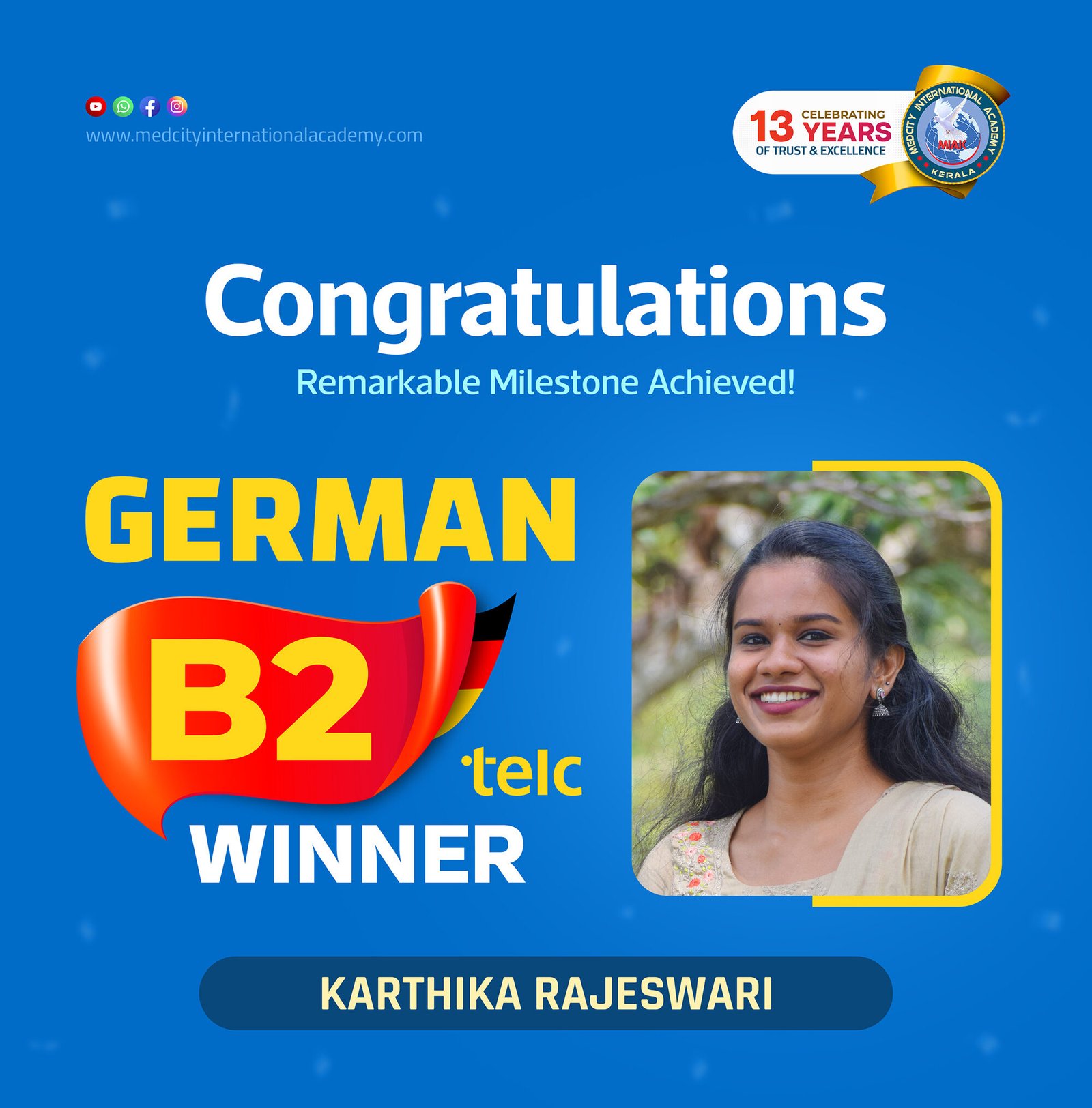 Medcity International Academy German B2 TELC success banner featuring Karthika Rajeswari celebrating successful completion of the German B2 TELC Examination. The banner showcases expert German language training for students preparing for higher education, Ausbildung programs, nursing careers, and employment opportunities in Germany.