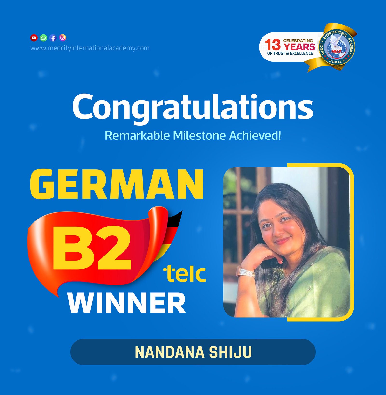 Medcity International Academy German B2 TELC success banner featuring Nandana Shiju celebrating successful completion of the German B2 TELC Examination. The banner highlights expert German language training for students preparing for higher education, Ausbildung programs, nursing careers, and employment opportunities in Germany.