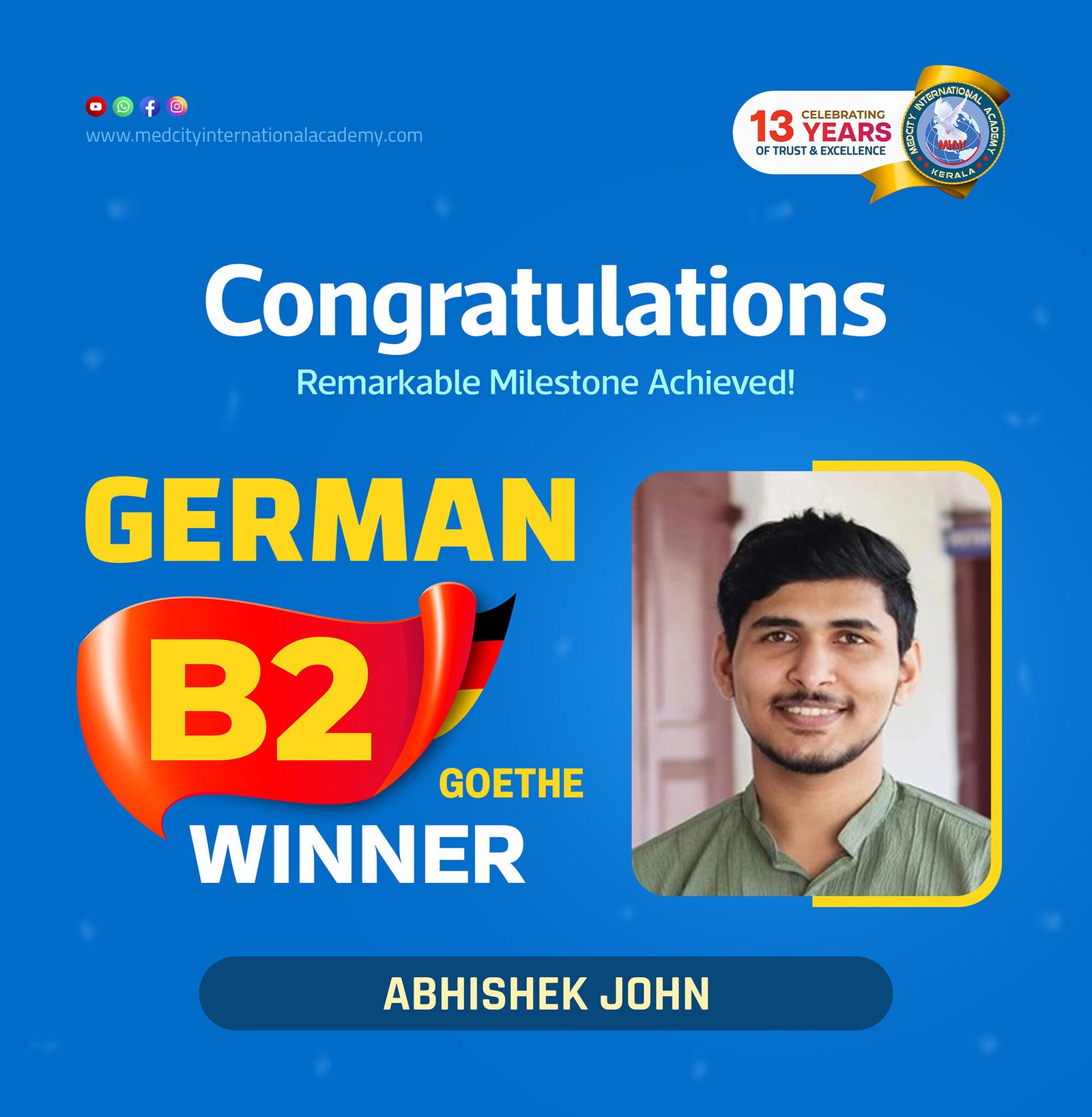 Medcity International Academy German B2 Goethe success banner featuring Abhishek John celebrating successful completion of the German B2 Goethe Examination. The banner highlights expert German language training for students preparing for higher education, Ausbildung programs, nursing careers, and career opportunities in Germany.