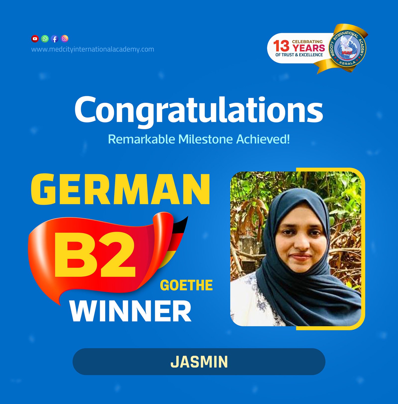 Medcity International Academy German B2 Goethe success banner featuring Jasmin celebrating successful completion of the German B2 Goethe Examination. The banner showcases expert German language training for students preparing for higher education, Ausbildung programs, nursing careers, and career opportunities in Germany.