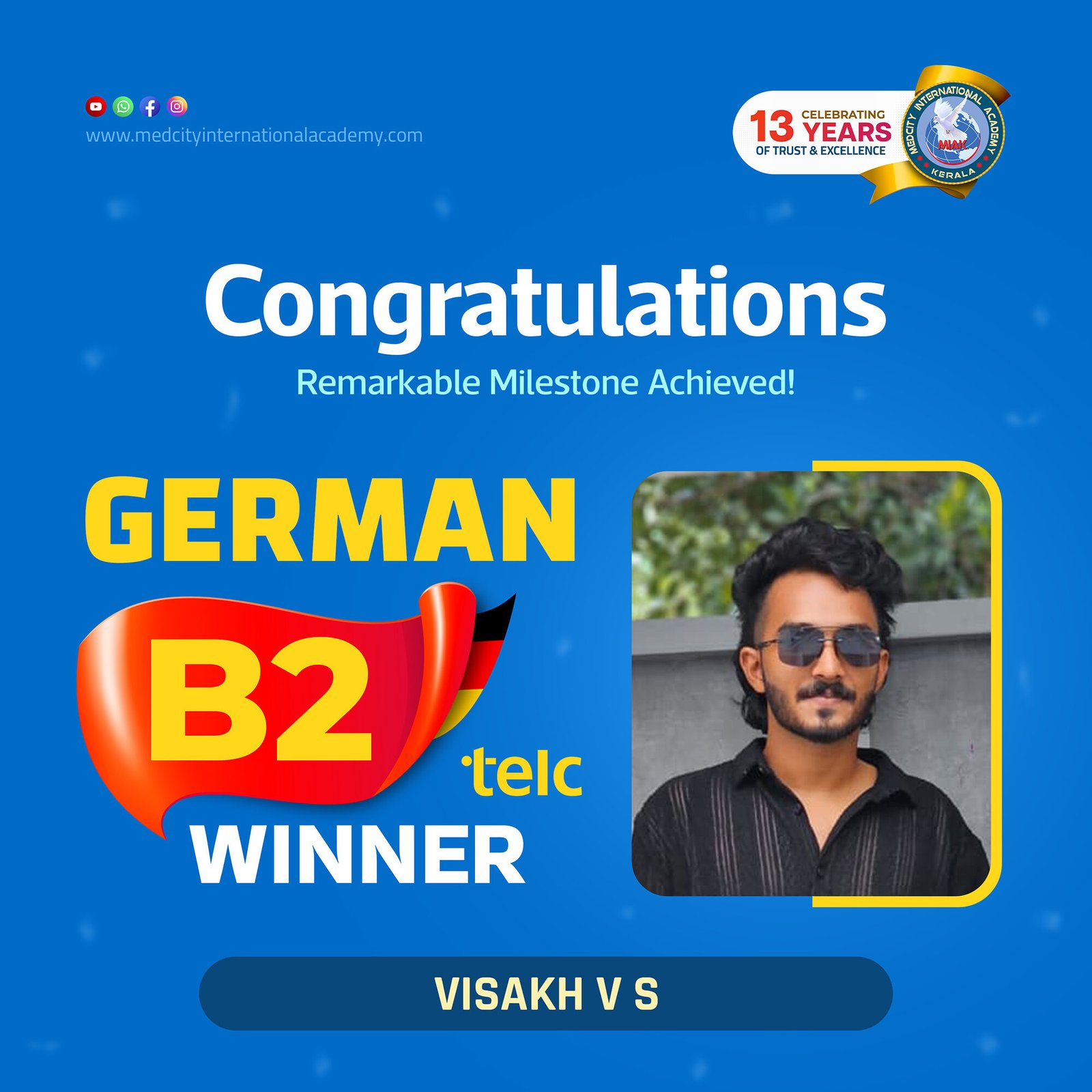 Medcity International Academy German B2 TELC success banner featuring Visakh V S celebrating successful completion of the German B2 TELC Examination. The banner showcases expert German language training for students and professionals preparing for higher education, Ausbildung, and career opportunities in Germany.