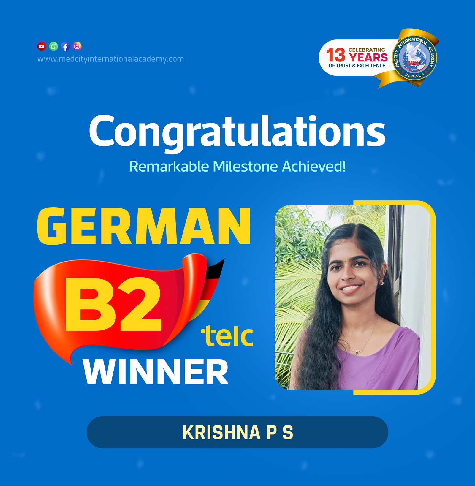 Medcity International Academy German B2 TELC success banner featuring Krishna P S celebrating successful completion of the German B2 TELC Examination. The banner showcases expert German language training for students preparing for higher education, Ausbildung programs, nursing careers, and employment opportunities in Germany.