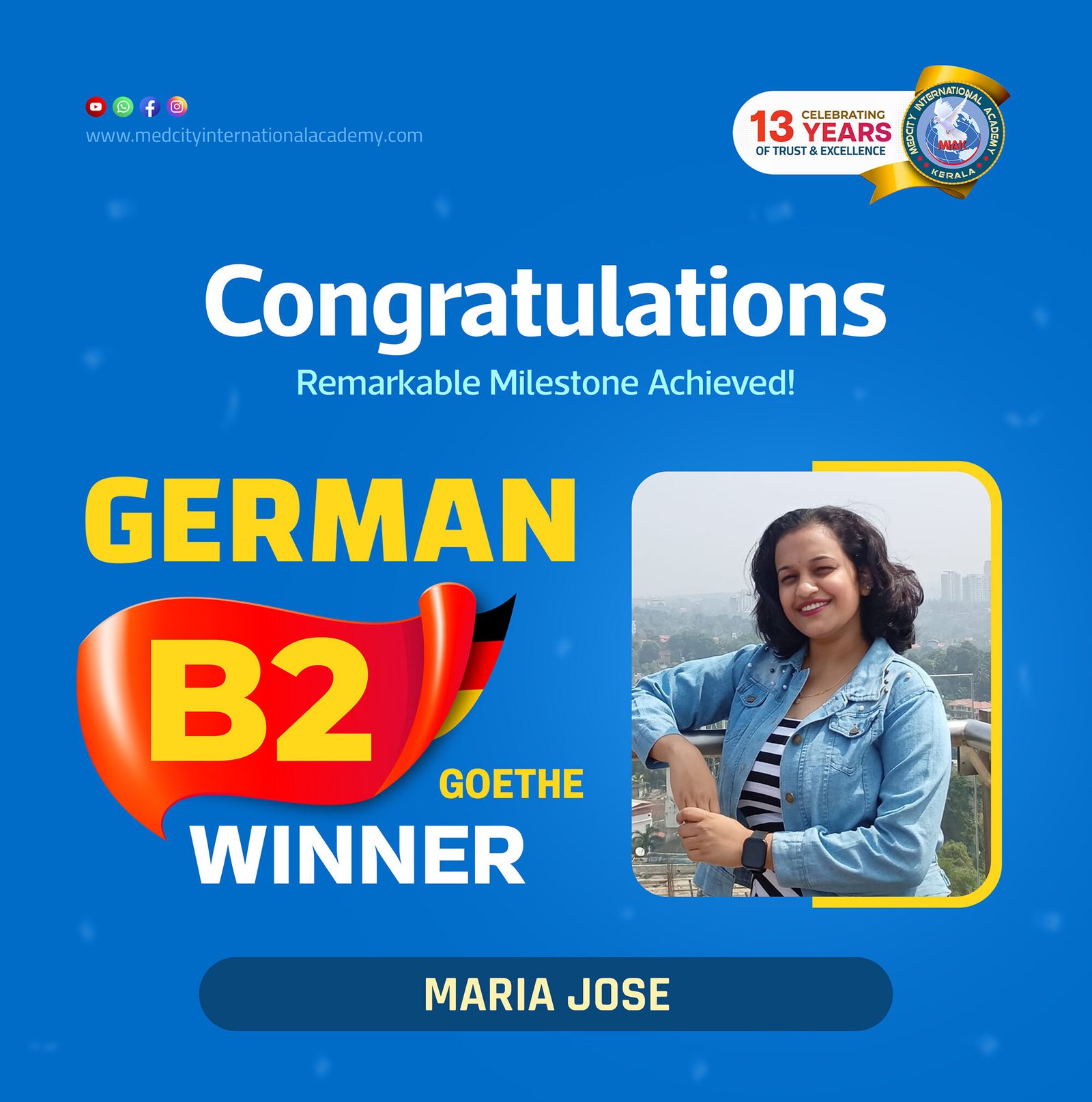 Medcity International Academy German B2 Goethe success banner featuring Maria Jose celebrating successful completion of the German B2 Goethe Examination. The banner highlights expert German language training for students preparing for higher education, Ausbildung programs, nursing careers, and career opportunities in Germany.