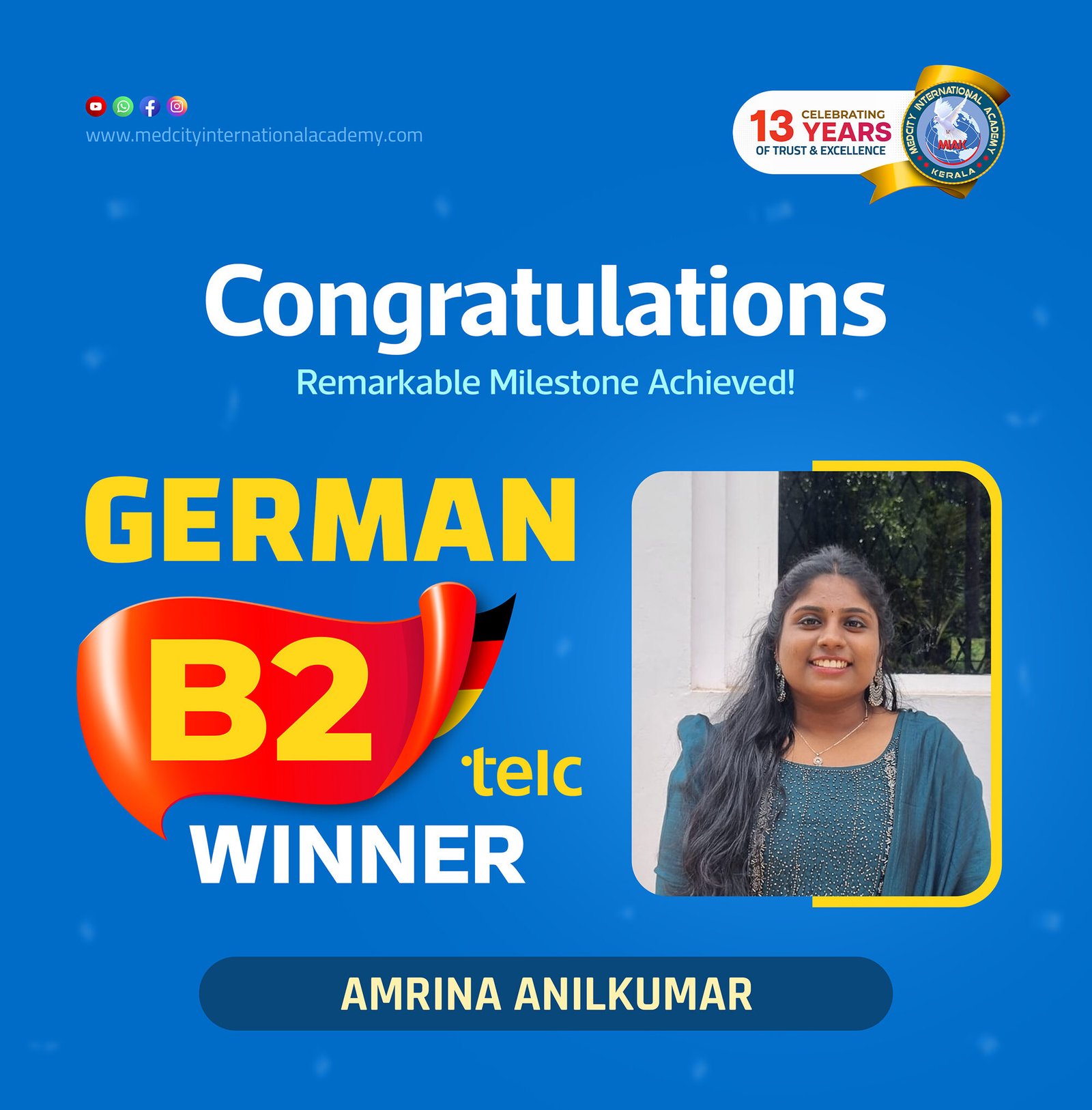 Medcity International Academy German B2 TELC success banner featuring Amrina Anilkumar celebrating successful completion of the German B2 TELC Examination. The banner highlights expert German language training for students preparing for higher education, Ausbildung programs, nursing careers, and employment opportunities in Germany.
