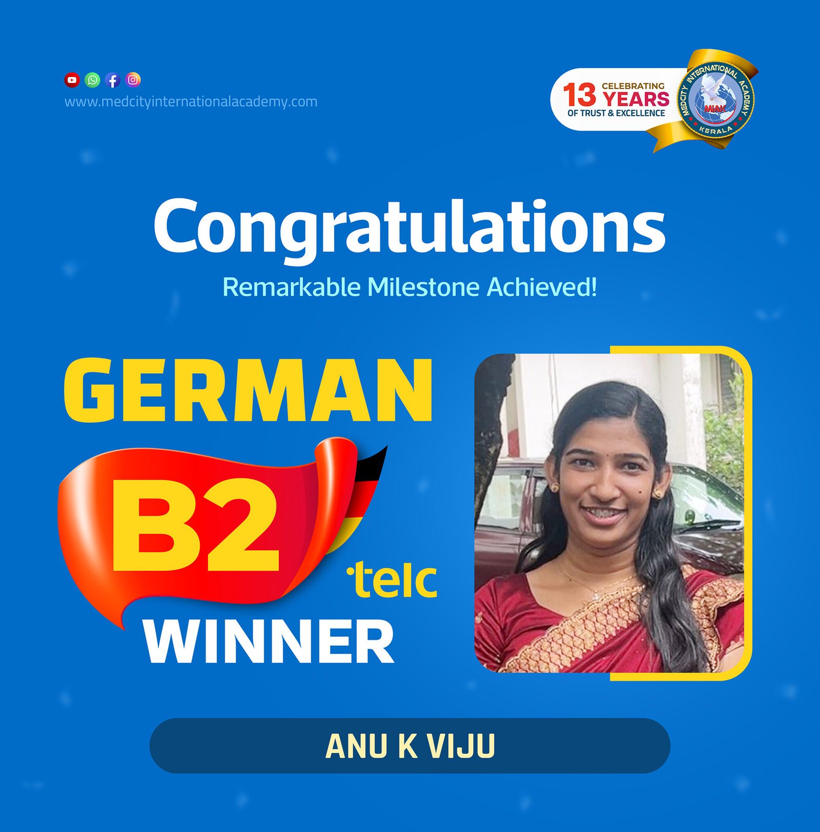 Medcity International Academy German B2 TELC success banner featuring Anu K Viju celebrating successful completion of the German B2 TELC Examination. The banner showcases expert German language training for students preparing for higher education, Ausbildung programs, nursing careers, and employment opportunities in Germany