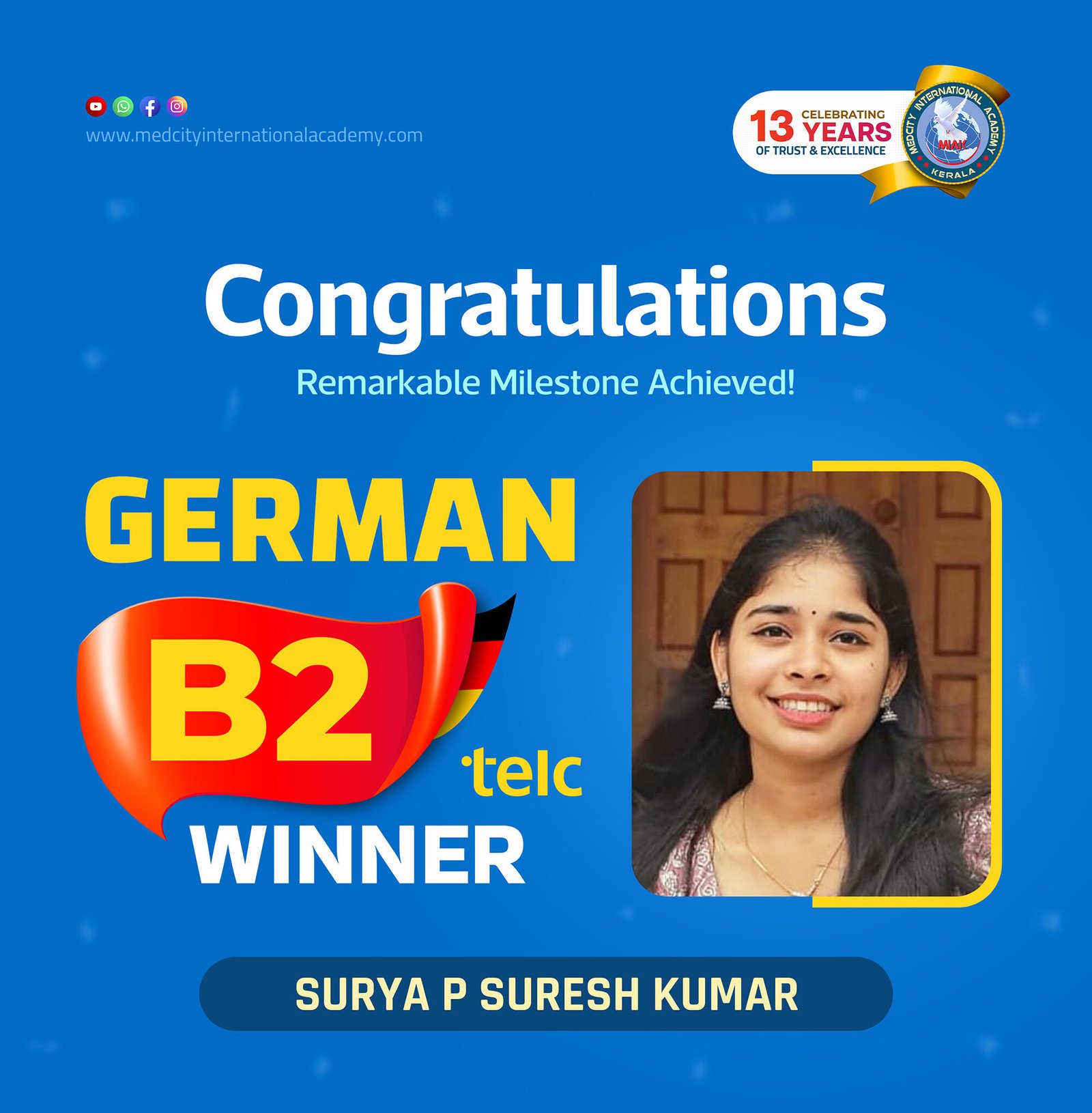 Medcity International Academy German B2 TELC success banner featuring Surya P Suresh Kumar celebrating successful completion of the German B2 TELC Examination. The banner highlights expert German language training for students preparing for higher education, Ausbildung programs, nursing careers, and employment opportunities in Germany.