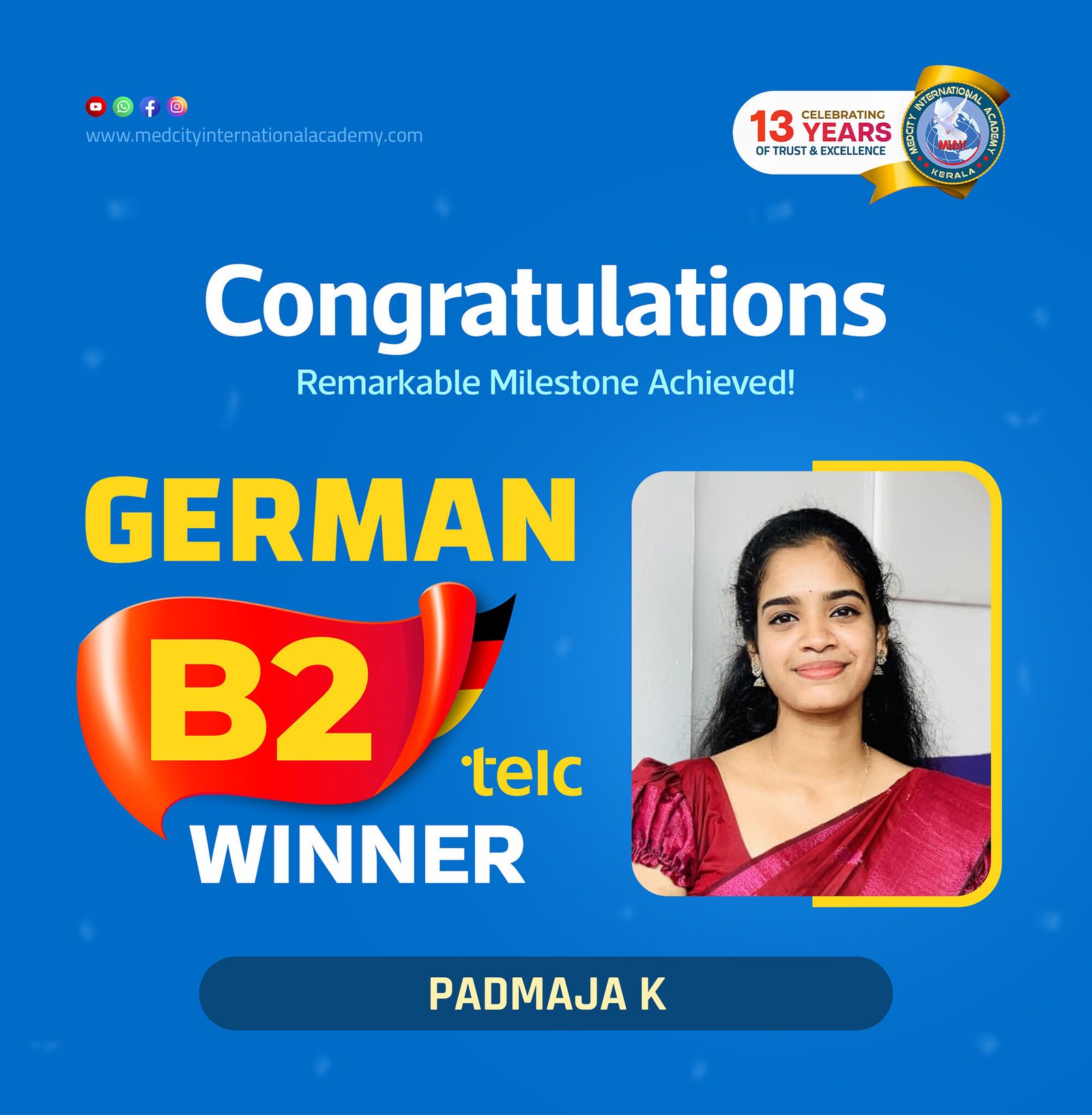Medcity International Academy German B2 TELC success banner featuring Padmaja K celebrating successful completion of the German B2 TELC Examination. The banner highlights expert German language training for students preparing for higher education, Ausbildung programs, nursing careers, and employment opportunities in Germany