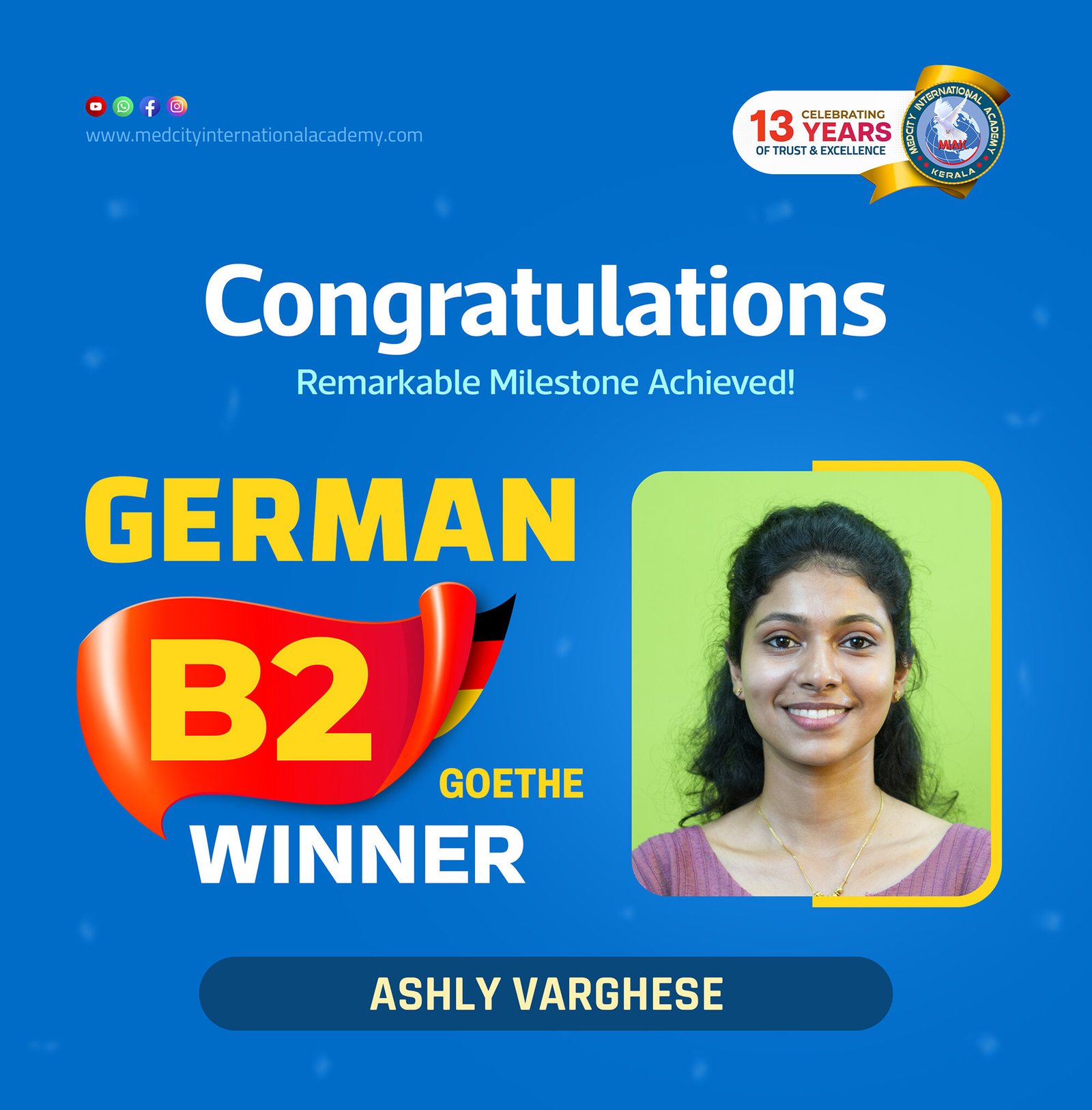 Medcity International Academy German B2 Goethe success banner featuring Ashly Varghese celebrating successful completion of the German B2 Goethe Examination. The banner highlights expert German language training for students preparing for higher education, Ausbildung programs, nursing careers, and employment opportunities in Germany.