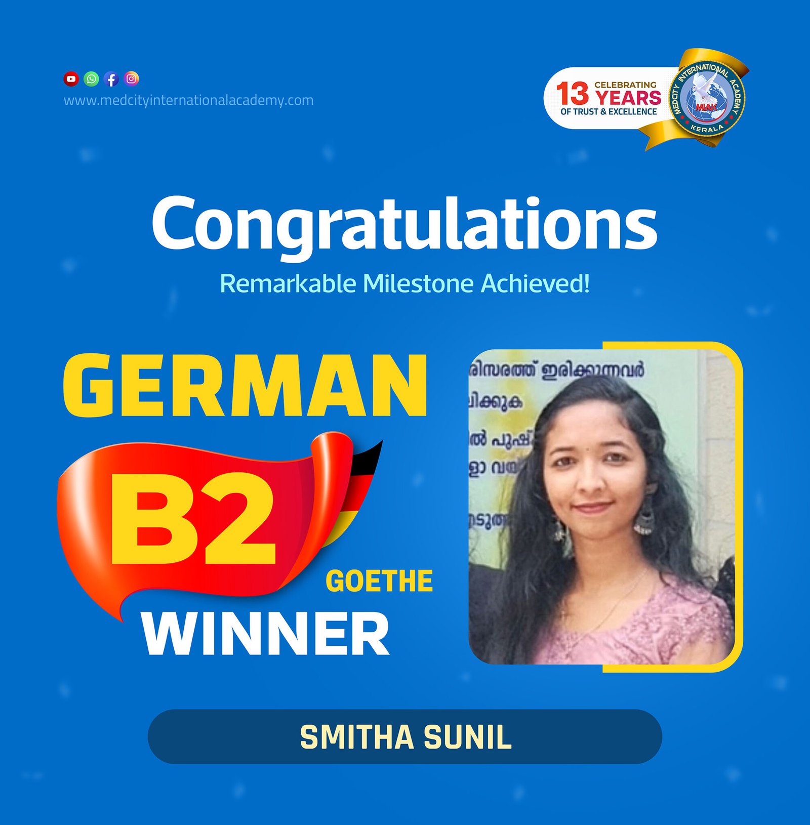 Medcity International Academy German B2 Goethe success banner featuring Smitha Sunil celebrating successful completion of the German B2 Goethe Examination. The banner showcases expert German language training for students preparing for higher education, Ausbildung programs, nursing careers, and employment opportunities in Germany.