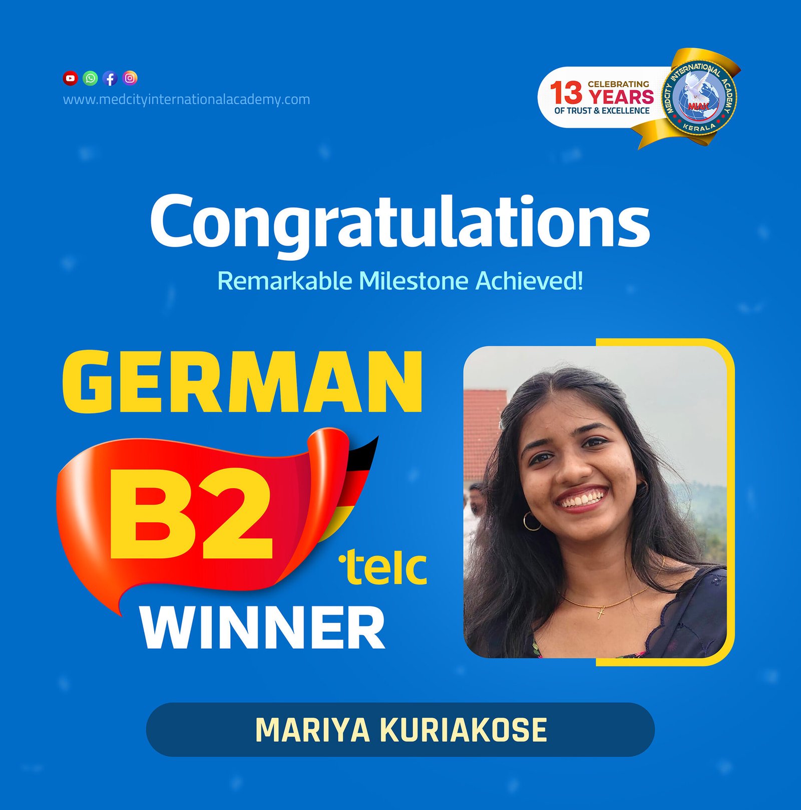 Medcity International Academy German B2 TELC success banner featuring Mariya Kuriakose celebrating successful completion of the German B2 TELC Examination. The banner highlights expert German language training for students preparing for higher education, Ausbildung programs, nursing careers, and employment opportunities in Germany.