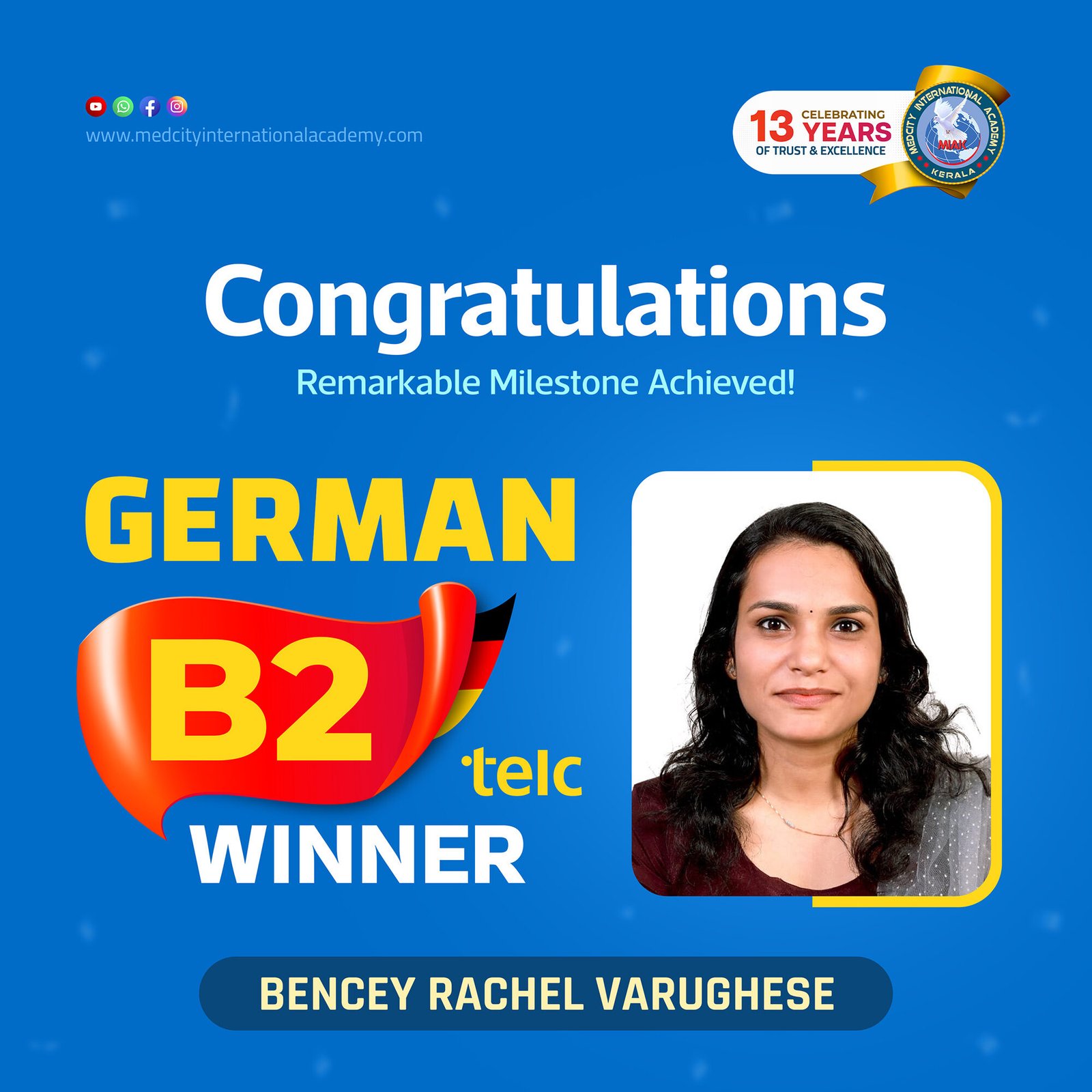 Medcity International Academy German B2 TELC success banner featuring Bencey Rachel Varughese celebrating successful completion of the German B2 TELC Examination. The banner highlights expert German language training for students and professionals preparing for higher education, Ausbildung, and career opportunities in Germany.