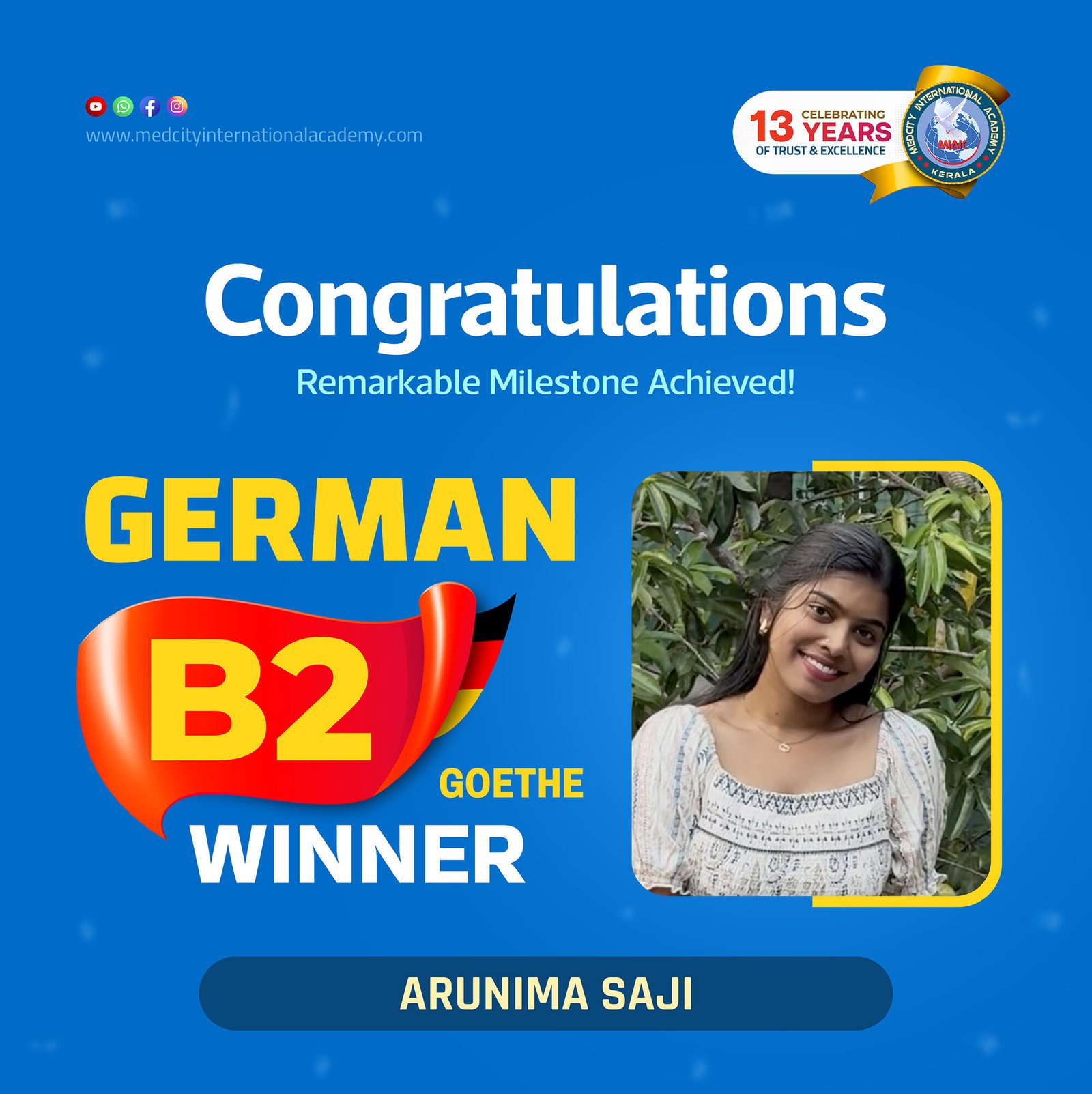 Medcity International Academy German B2 Goethe success banner featuring Arunima Saji celebrating successful completion of the German B2 Goethe Examination. The banner highlights expert German language training for students preparing for higher education, Ausbildung programs, nursing careers, and employment opportunities in Germany.