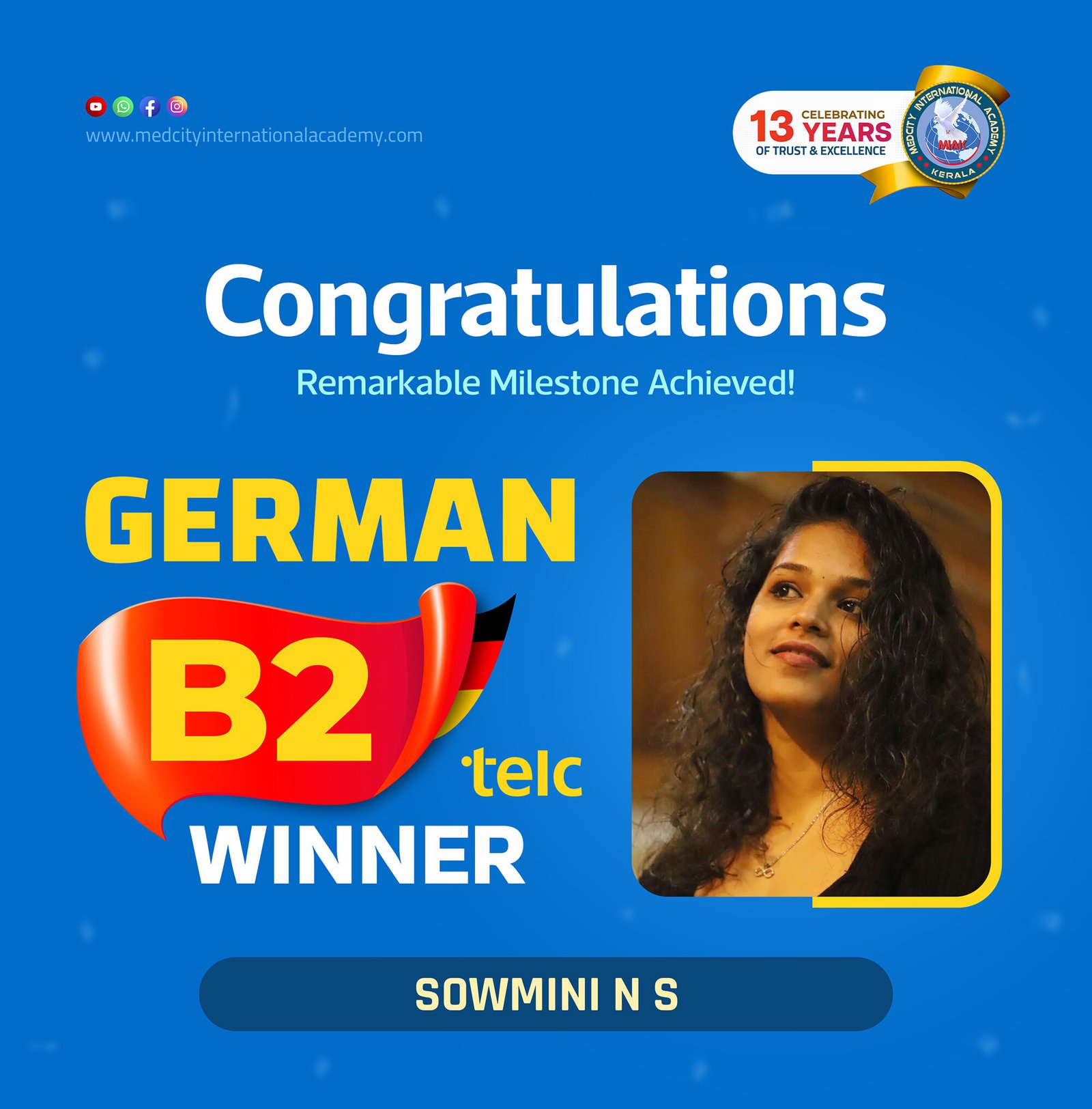 Medcity International Academy German B2 TELC success banner featuring Sowmini N S celebrating successful completion of the German B2 TELC Examination. The banner highlights expert German language training for students preparing for higher education, Ausbildung programs, nursing careers, and employment opportunities in Germany.
