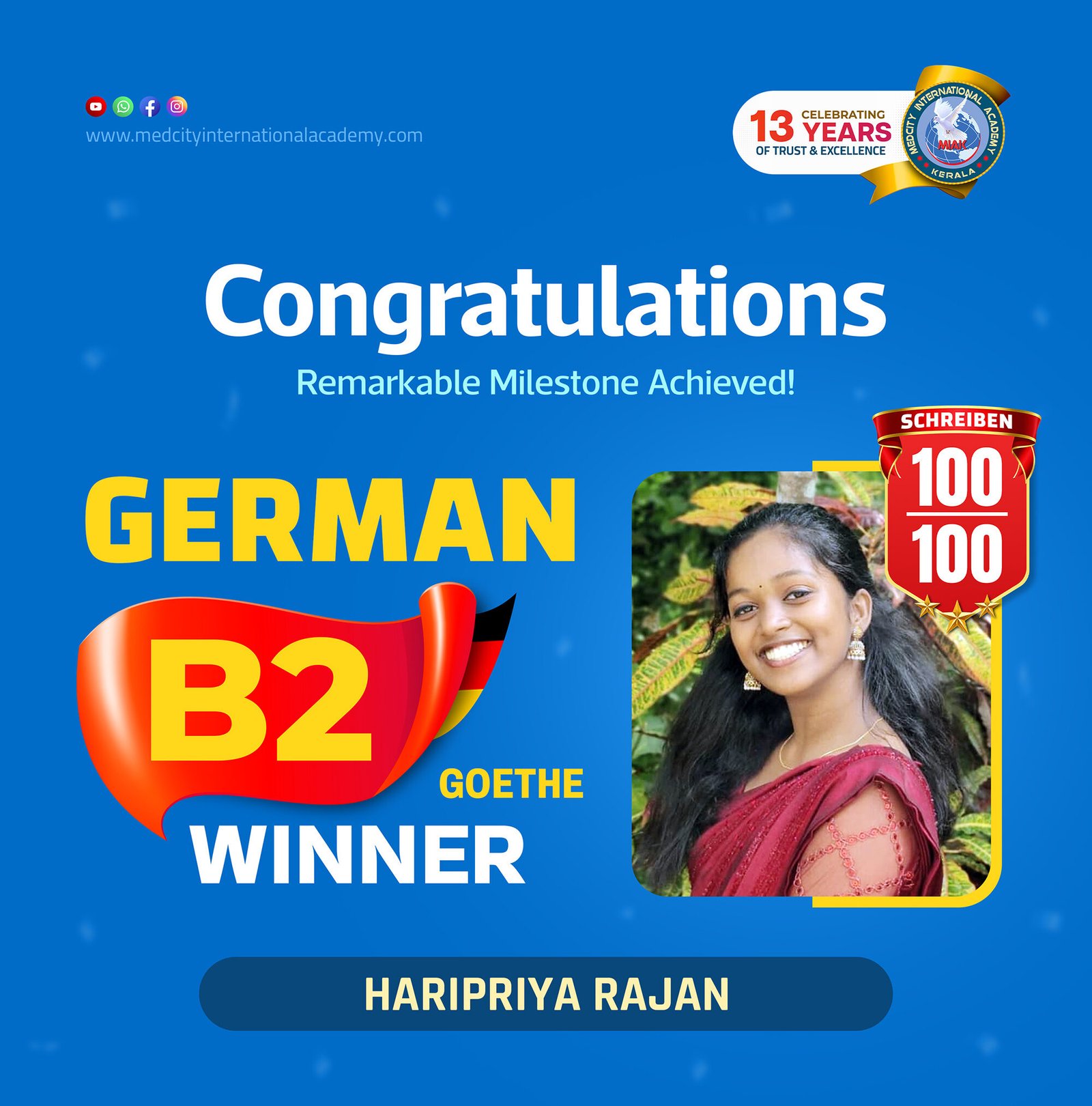 Medcity International Academy German B2 Goethe success banner featuring Haripriya Rajan celebrating successful completion of the German B2 Goethe Examination with a perfect 100/100 score in the Schreiben (Writing) module. The banner highlights expert German language training for students preparing for higher education, Ausbildung programs, nursing careers, and employment opportunities in Germany.