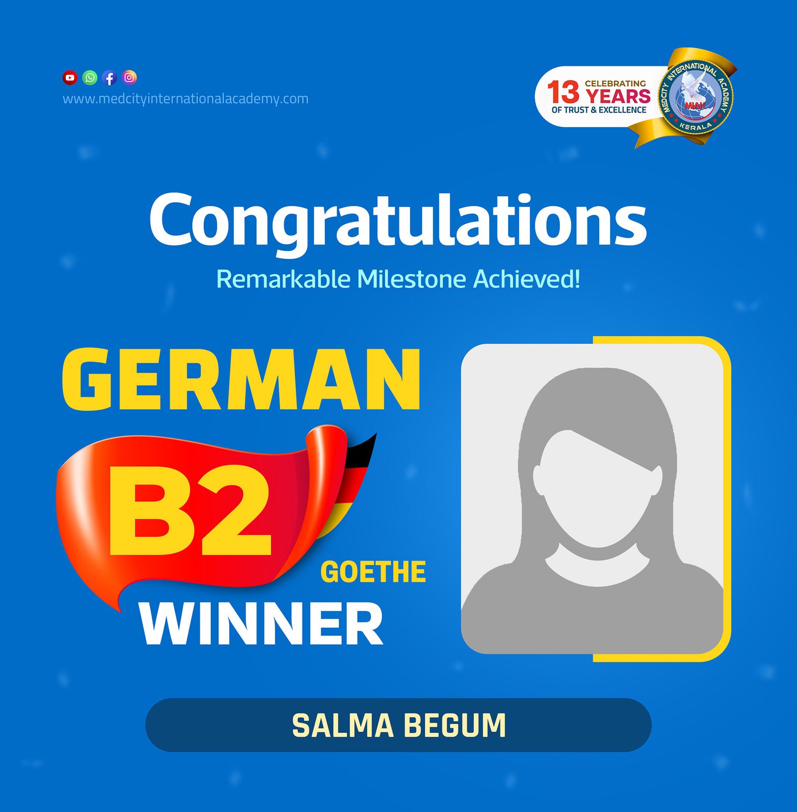 Medcity International Academy German B2 Goethe success banner featuring Salma Begum celebrating successful completion of the German B2 Goethe Examination. The banner highlights expert German language training for students preparing for higher education, Ausbildung programs, nursing careers, and employment opportunities in Germany
