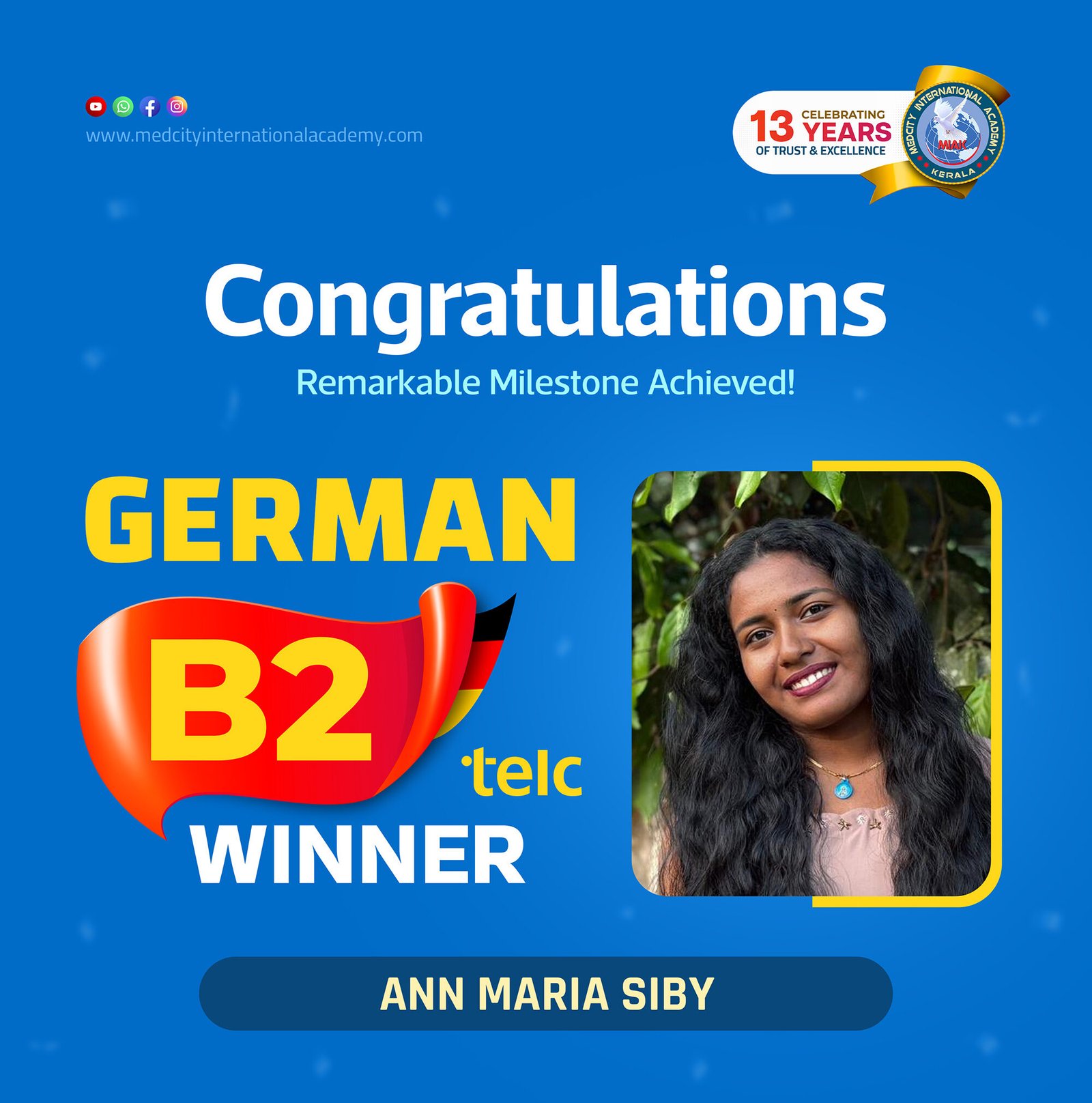 Medcity International Academy German B2 TELC success banner featuring Ann Maria Siby celebrating successful completion of the German B2 TELC Examination. The banner highlights expert German language training for students preparing for higher education, Ausbildung programs, nursing careers, and employment opportunities in Germany.
