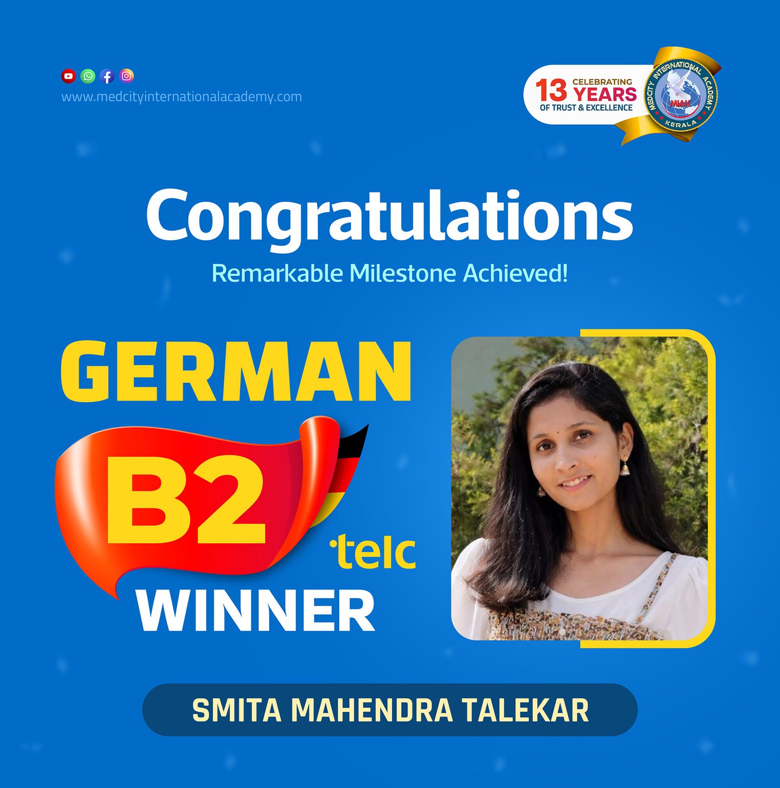 Medcity International Academy German B2 TELC success banner featuring Smita Mahendra Talekar celebrating successful completion of the German B2 TELC Examination. The banner highlights expert German language training for students preparing for higher education, Ausbildung programs, nursing careers, and employment opportunities in Germany.