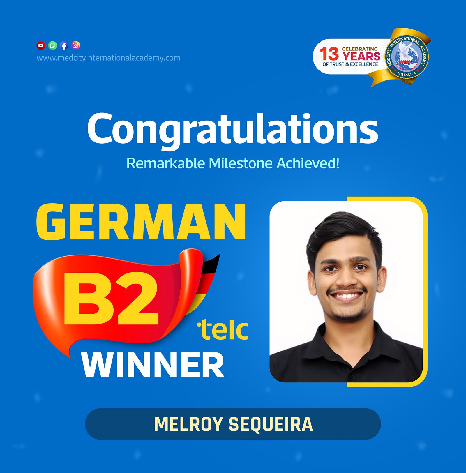 Medcity International Academy German B2 TELC success banner featuring Melroy Sequeira celebrating successful completion of the German B2 TELC Examination. The banner showcases expert German language training for students preparing for higher education, Ausbildung programs, nursing careers, and employment opportunities in Germany.