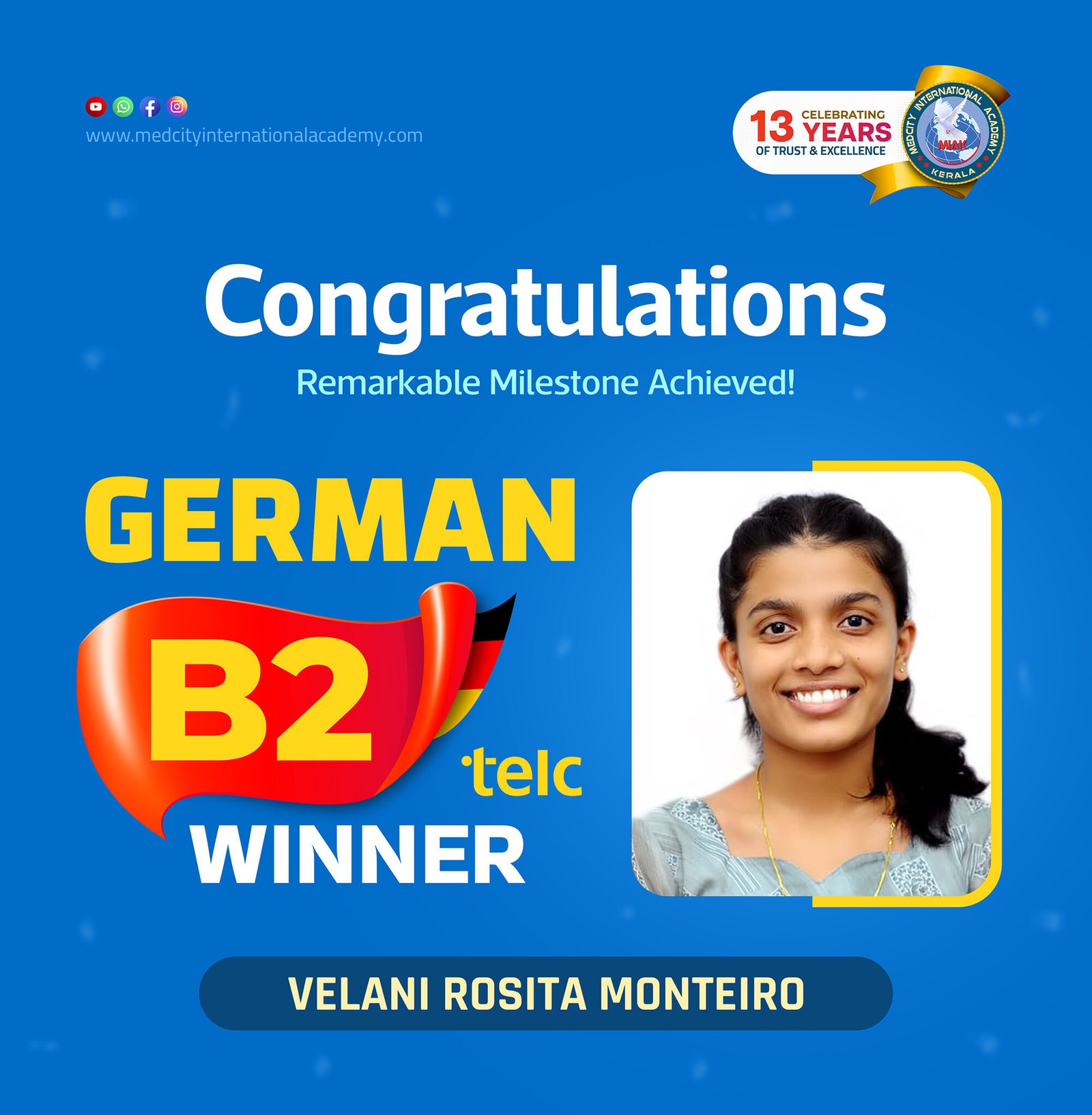 Medcity International Academy German B2 TELC success banner featuring Velani Rosita Monteiro celebrating successful completion of the German B2 TELC Examination. The banner highlights expert German language training for students preparing for higher education, Ausbildung programs, nursing careers, and employment opportunities in Germany.