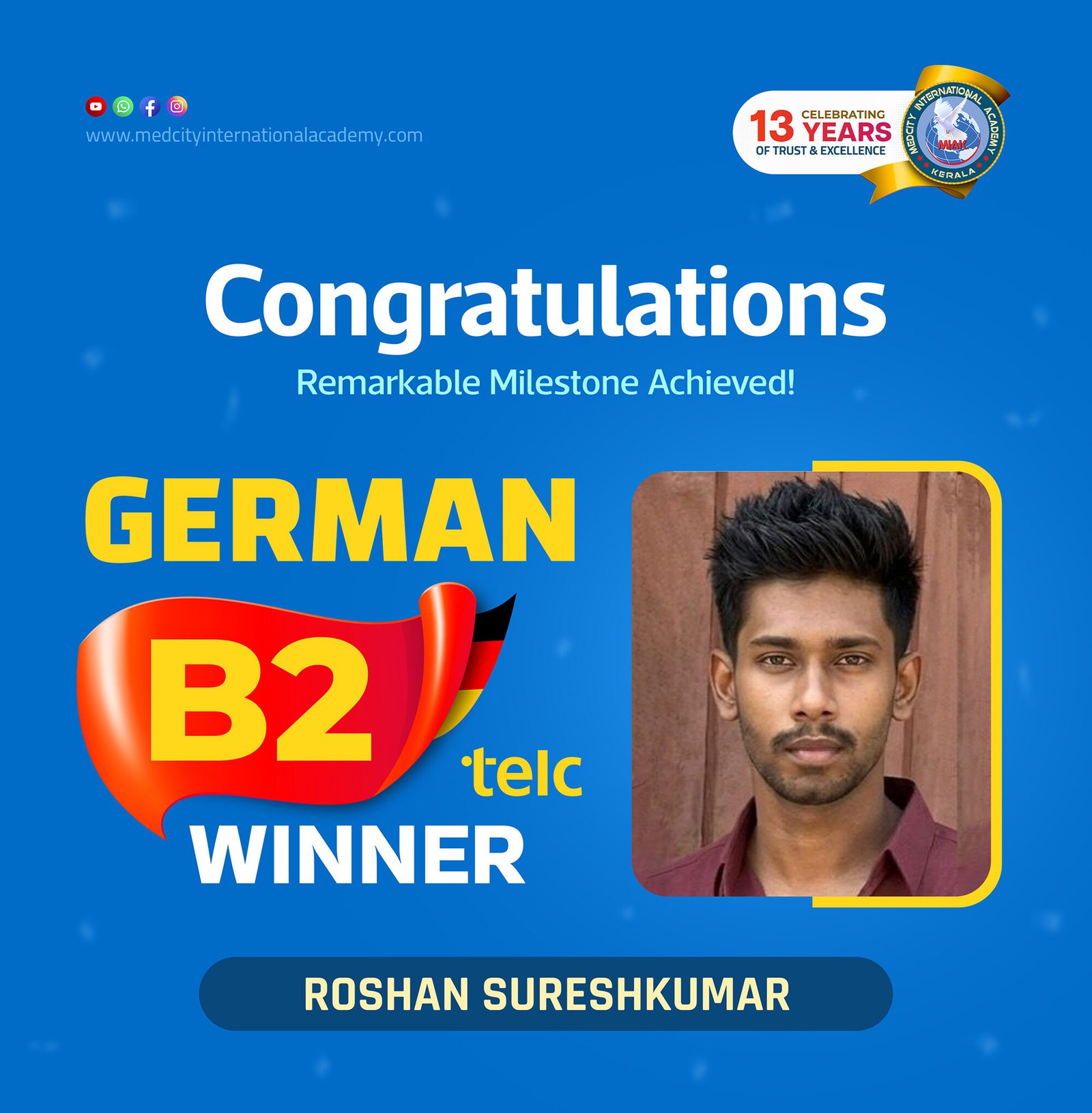 Medcity International Academy German B2 TELC success banner featuring Roshan Sureshkumar celebrating successful completion of the German B2 TELC Examination. The banner highlights expert German language training for students preparing for higher education, Ausbildung programs, nursing careers, and employment opportunities in Germany.