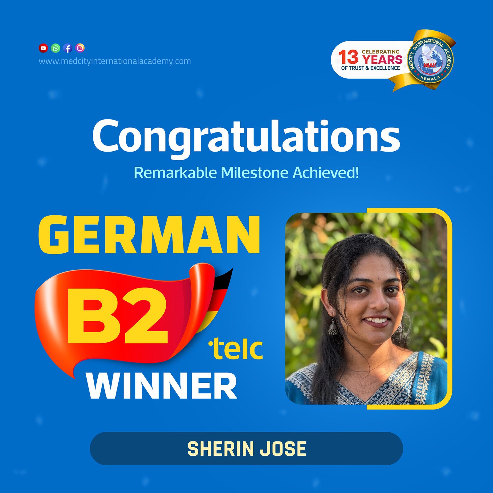 Medcity International Academy German B2 TELC success banner featuring Sherin Jose celebrating successful completion of the German B2 TELC Examination. The banner highlights expert German language training for students and professionals preparing for higher education, Ausbildung, and career opportunities in Germany.