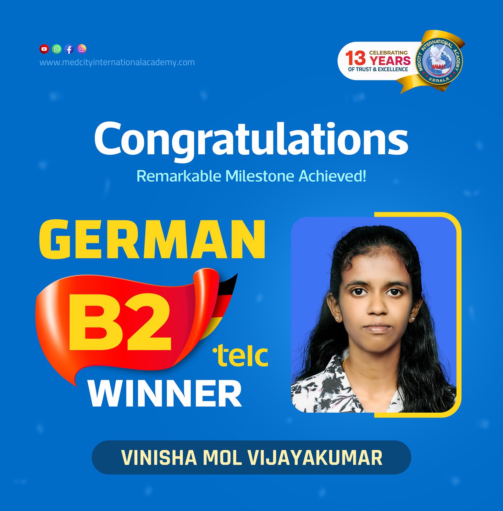 Medcity International Academy German B2 TELC success banner featuring Vinisha Mol Vijayakumar celebrating successful completion of the German B2 TELC Examination. The banner highlights expert German language training for students preparing for higher education, Ausbildung programs, nursing careers, and employment opportunities in Germany.