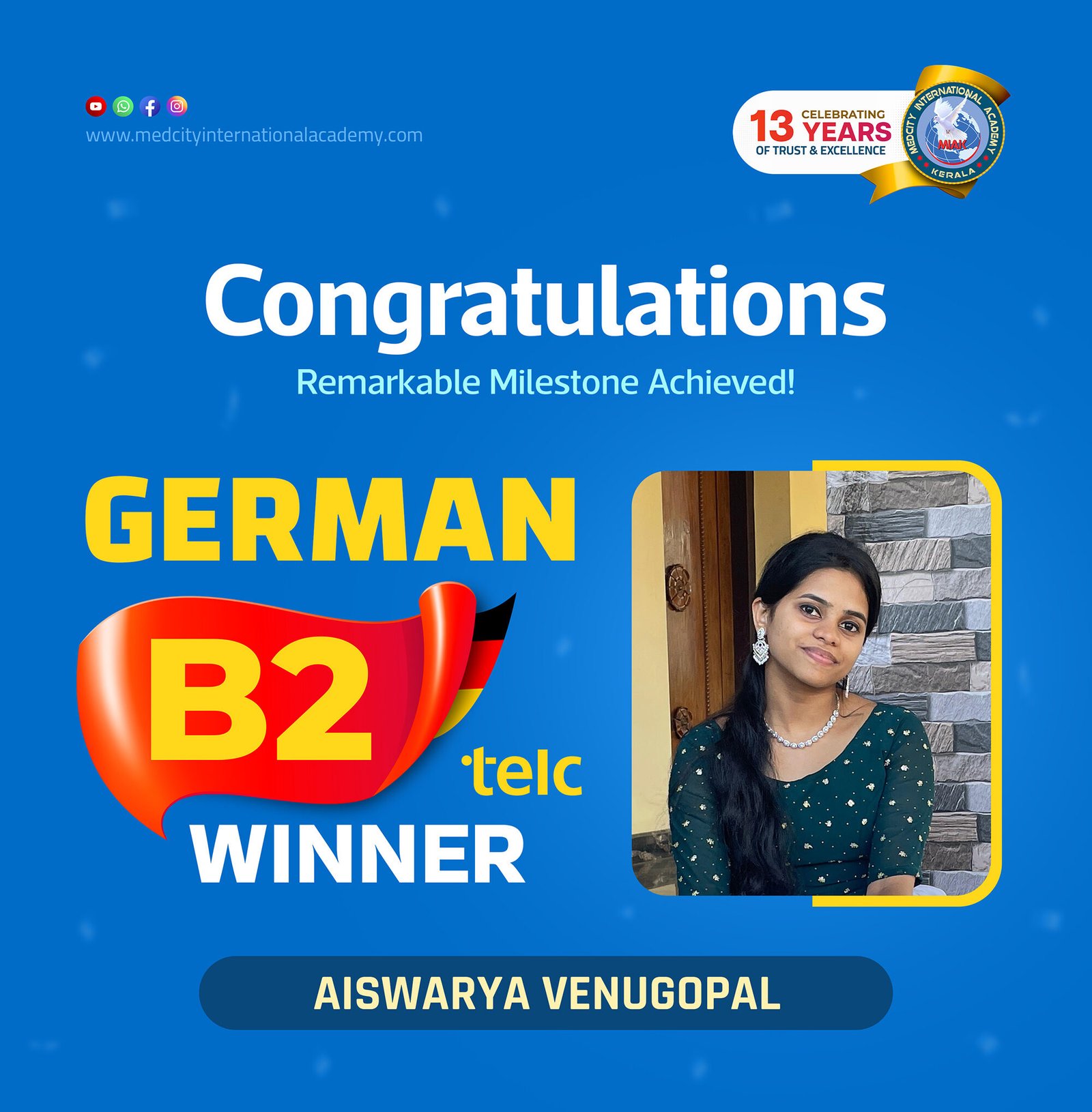 Medcity International Academy German B2 TELC success banner featuring Aiswarya Venugopal celebrating successful completion of the German B2 TELC Examination. The banner highlights expert German language training for students preparing for higher education, Ausbildung programs, nursing careers, and employment opportunities in Germany.