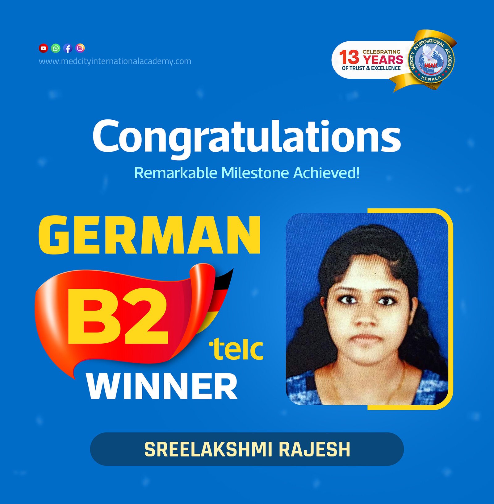 Medcity International Academy German B2 TELC success banner featuring Sreelakshmi Rajesh celebrating successful completion of the German B2 TELC Examination. The banner highlights expert German language training for students preparing for higher education, Ausbildung programs, nursing careers, and employment opportunities in Germany.