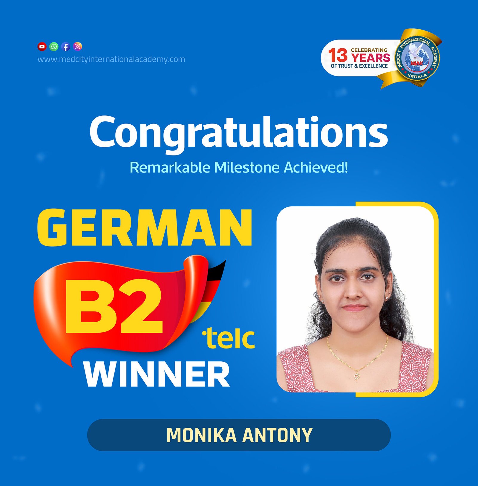Medcity International Academy German B2 TELC success banner featuring Monika Antony celebrating successful completion of the German B2 TELC Examination. The banner highlights expert German language training for students preparing for higher education, Ausbildung programs, nursing careers, and employment opportunities in Germany.