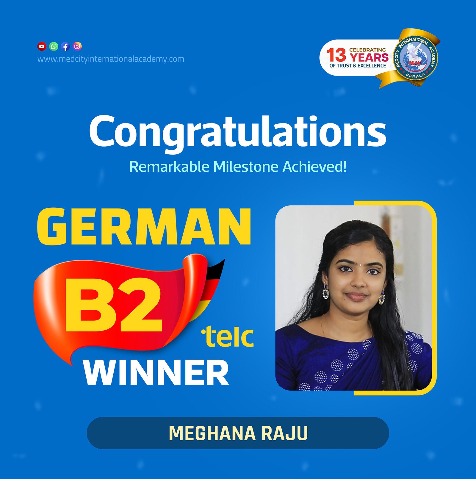 Medcity International Academy German B2 TELC success banner featuring Meghana Raju celebrating successful completion of the German B2 TELC Examination. The banner highlights expert German language training for students preparing for higher education, Ausbildung programs, nursing careers, and employment opportunities in Germany.