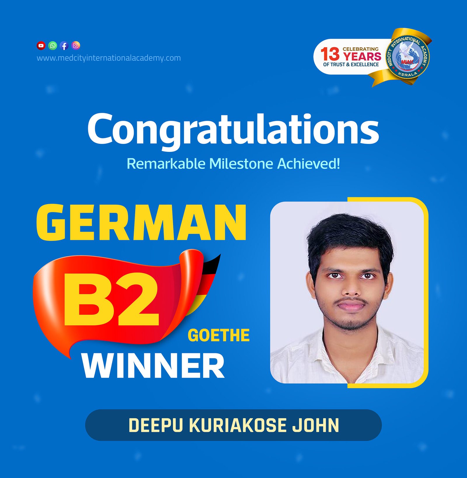 Medcity International Academy German B2 Goethe success banner featuring Deepu Kuriakose John celebrating successful completion of the German B2 Goethe Examination. The banner highlights expert German language training for students preparing for higher education, Ausbildung programs, nursing careers, and career opportunities in Germany.