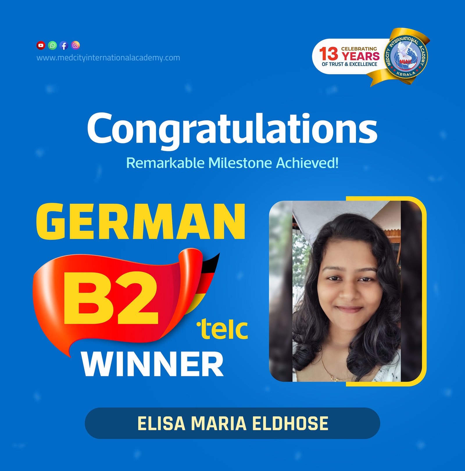 Medcity International Academy German B2 TELC success banner featuring Elisa Maria Eldhose celebrating successful completion of the German B2 TELC Examination. The banner highlights expert German language training for students preparing for higher education, Ausbildung programs, nursing careers, and employment opportunities in Germany.