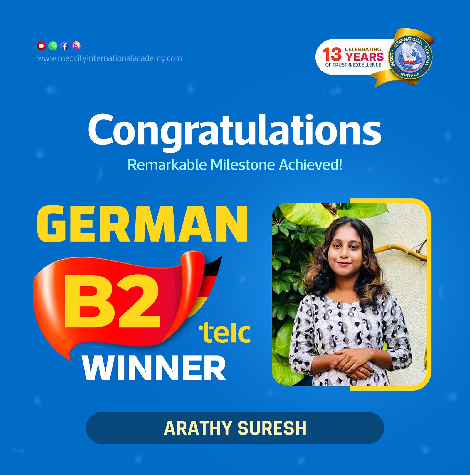 Medcity International Academy German B2 TELC success banner featuring Arathy Suresh celebrating successful completion of the German B2 TELC Examination. The banner highlights expert German language training for students preparing for higher education, Ausbildung programs, nursing careers, and employment opportunities in Germany.