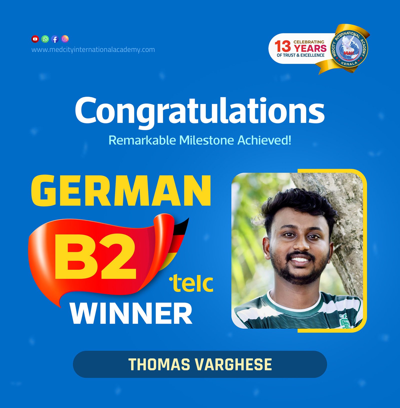 Medcity International Academy German B2 TELC success banner featuring Thomas Varghese celebrating successful completion of the German B2 TELC Examination. The banner highlights expert German language training for students preparing for higher education, Ausbildung programs, nursing careers, and employment opportunities in Germany.