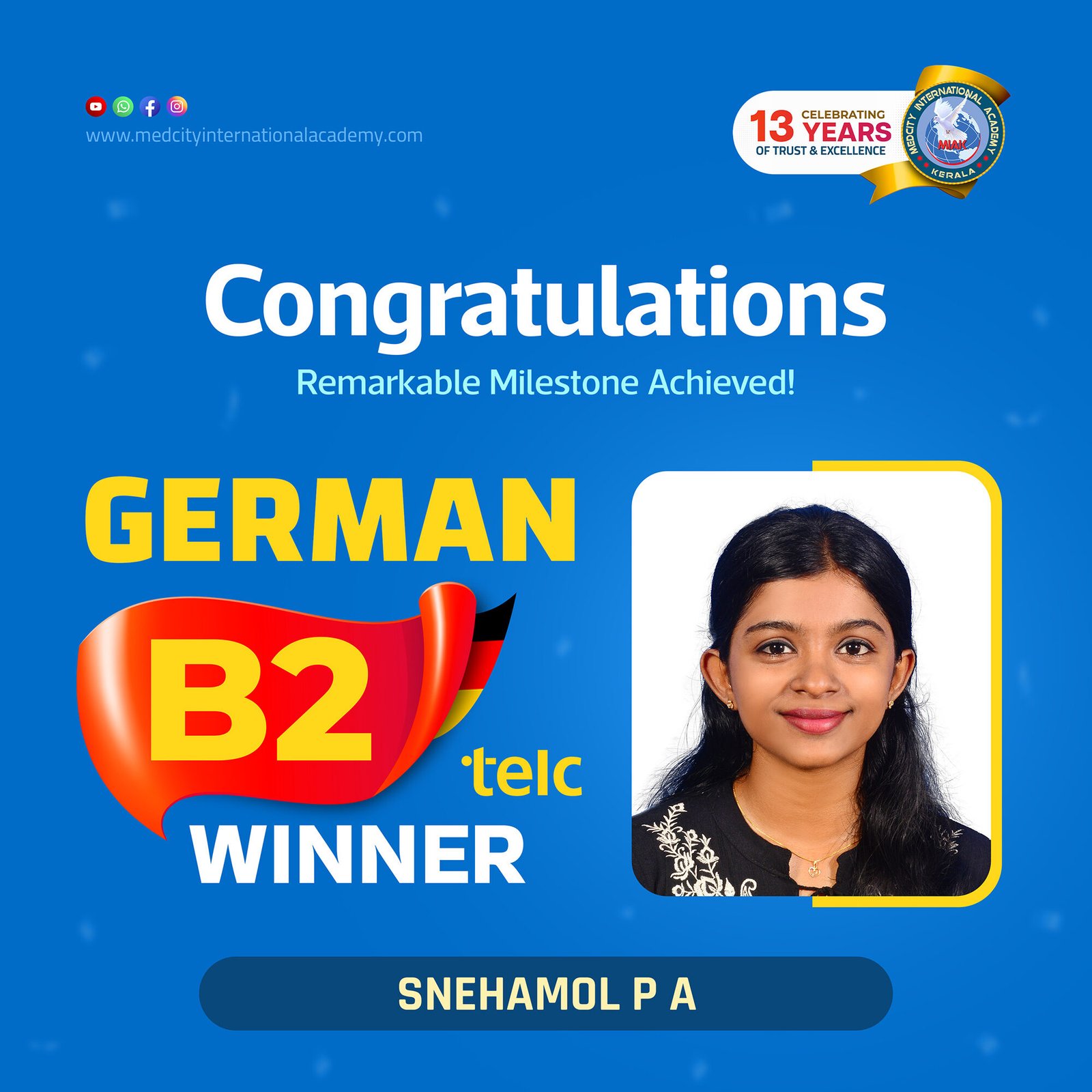 Medcity International Academy German B2 TELC success banner featuring Snehamol P A celebrating successful completion of the German B2 TELC Examination. The banner highlights expert German language training for students and professionals preparing for higher education, Ausbildung, nursing careers, and career opportunities in Germany