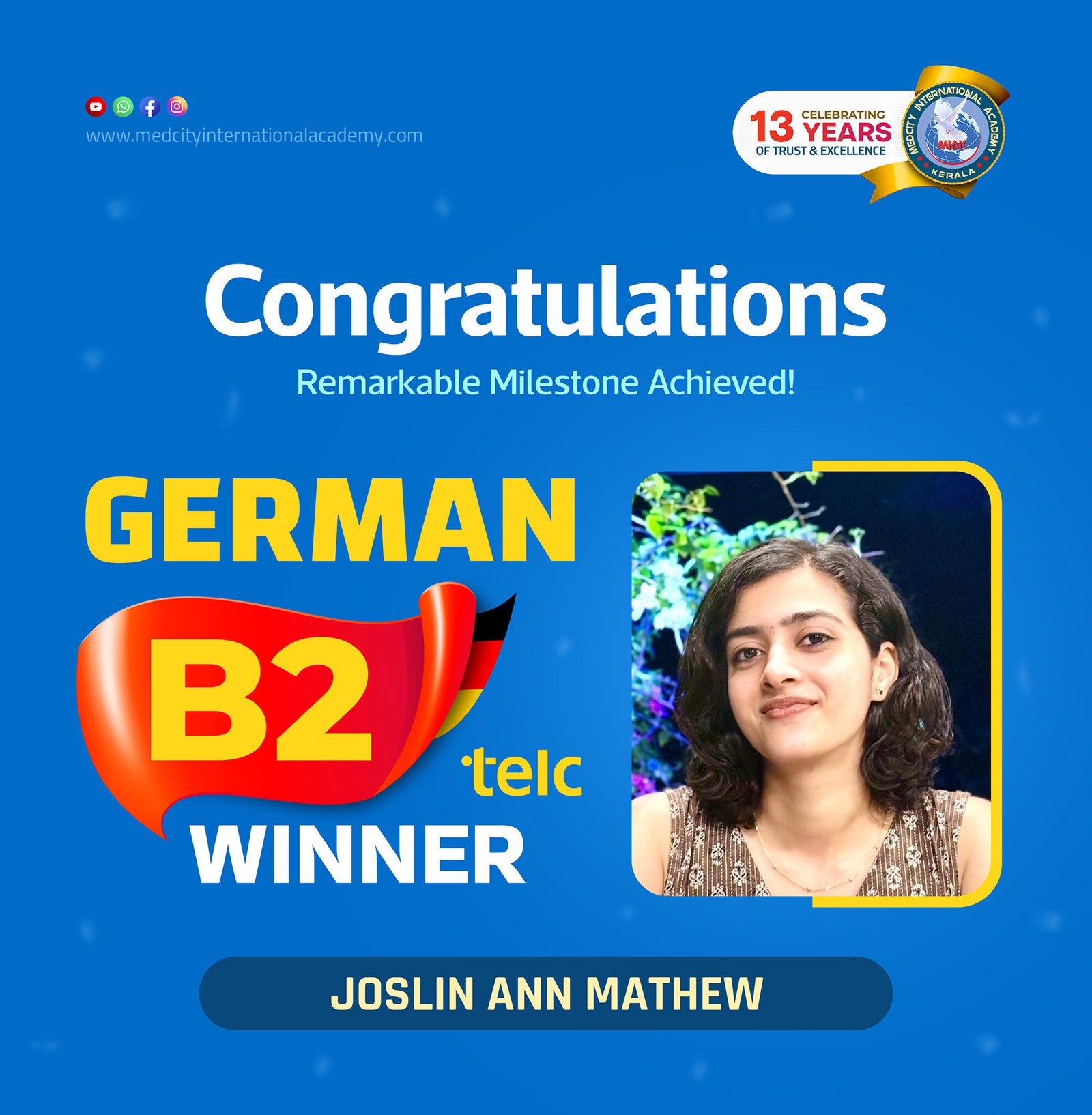 Medcity International Academy German B2 TELC success banner featuring Joslin Ann Mathew celebrating successful completion of the German B2 TELC Examination. The banner highlights expert German language training for students preparing for higher education, Ausbildung programs, nursing careers, and employment opportunities in Germany.