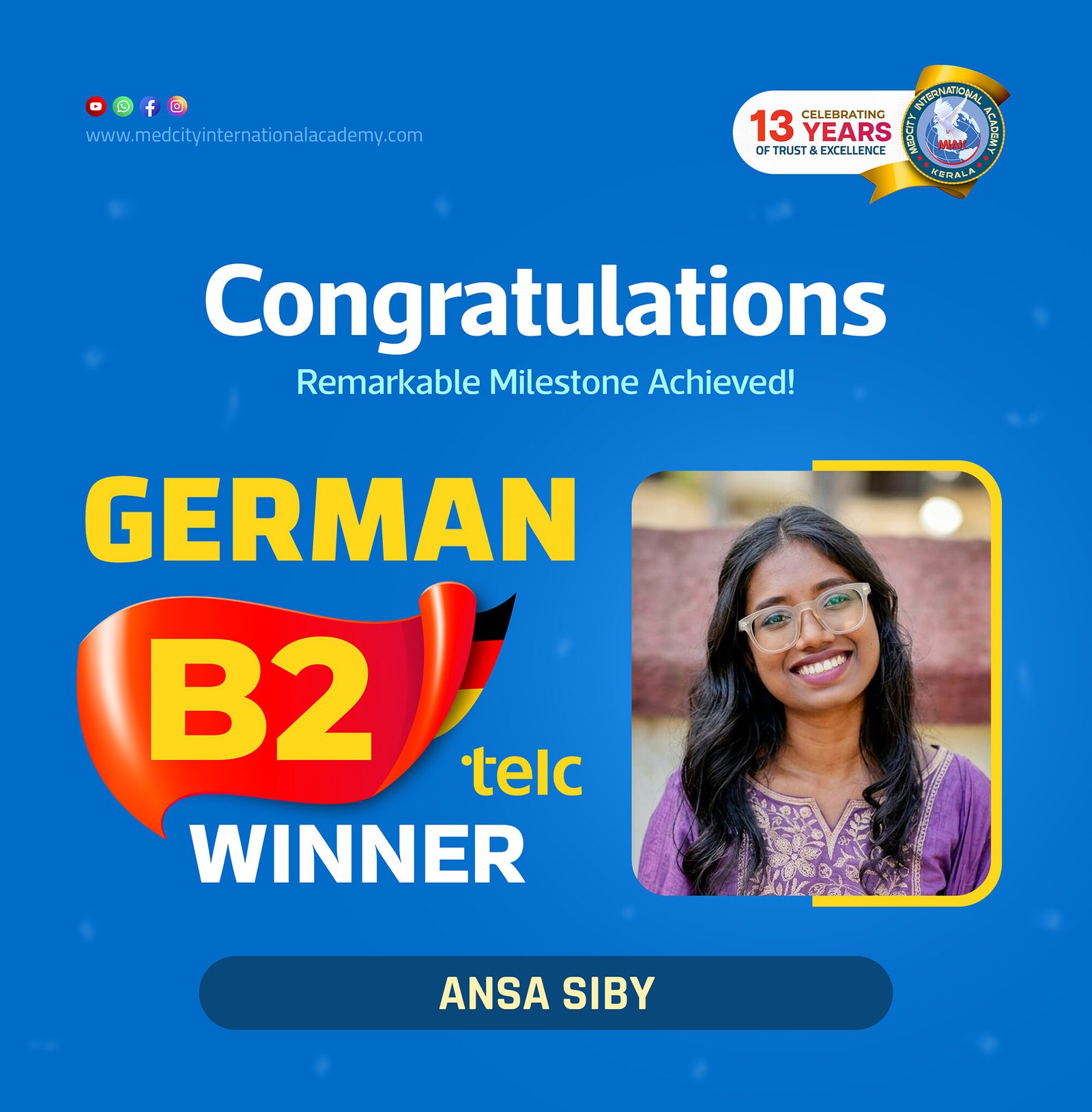 Medcity International Academy German B2 TELC success banner featuring Ansa Siby celebrating successful completion of the German B2 TELC Examination. The banner highlights expert German language training for students preparing for higher education, Ausbildung programs, nursing careers, and employment opportunities in Germany.