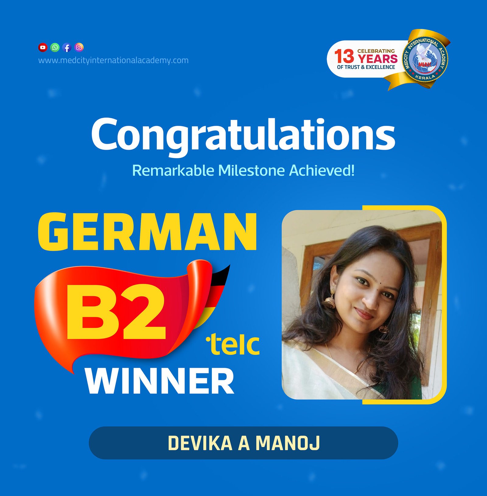 Medcity International Academy German B2 TELC success banner featuring Devika A Manoj celebrating successful completion of the German B2 TELC Examination. The banner showcases expert German language training for students preparing for higher education, Ausbildung programs, nursing careers, and employment opportunities in Germany.