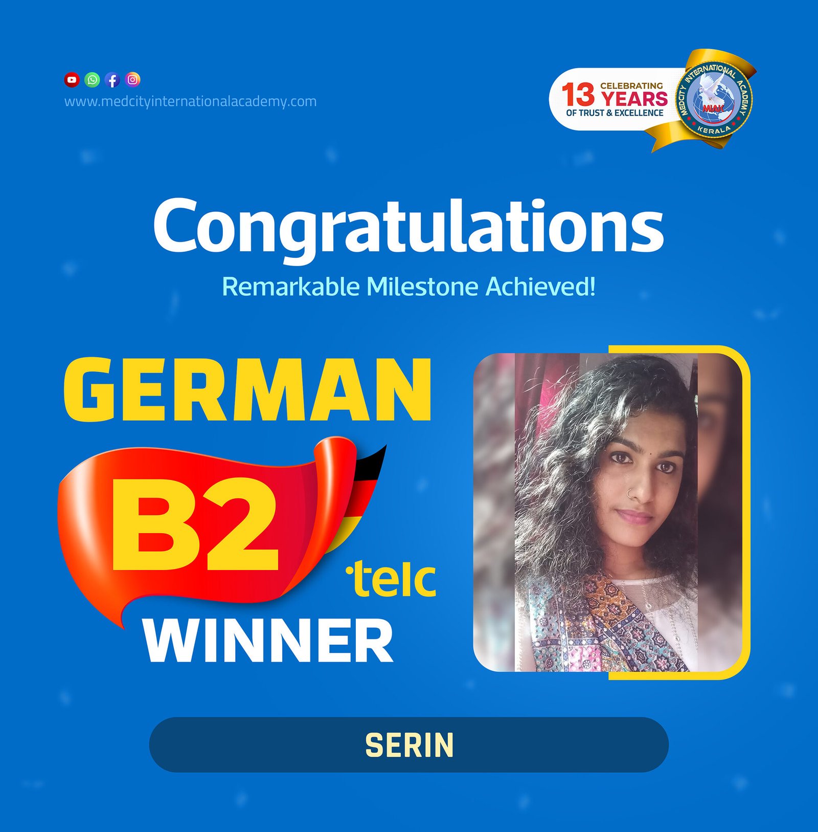 Medcity International Academy German B2 TELC success banner featuring Serin celebrating successful completion of the German B2 TELC Examination. The banner highlights expert German language training for students preparing for higher education, Ausbildung programs, nursing careers, and employment opportunities in Germany.