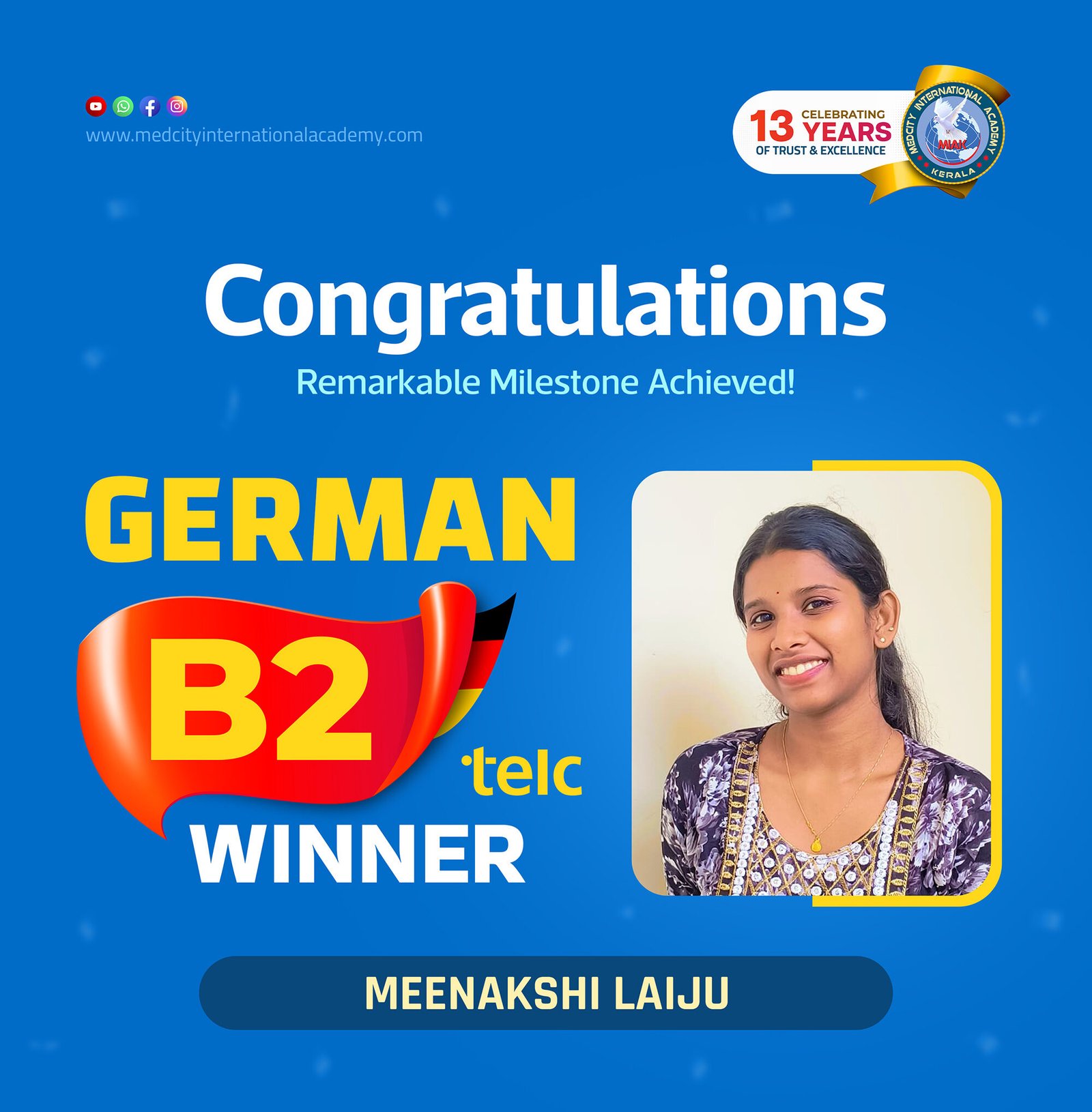 Medcity International Academy German B2 TELC success banner featuring Meenakshi Laiju celebrating successful completion of the German B2 TELC Examination. The banner highlights expert German language training for students preparing for higher education, Ausbildung programs, nursing careers, and employment opportunities in Germany.