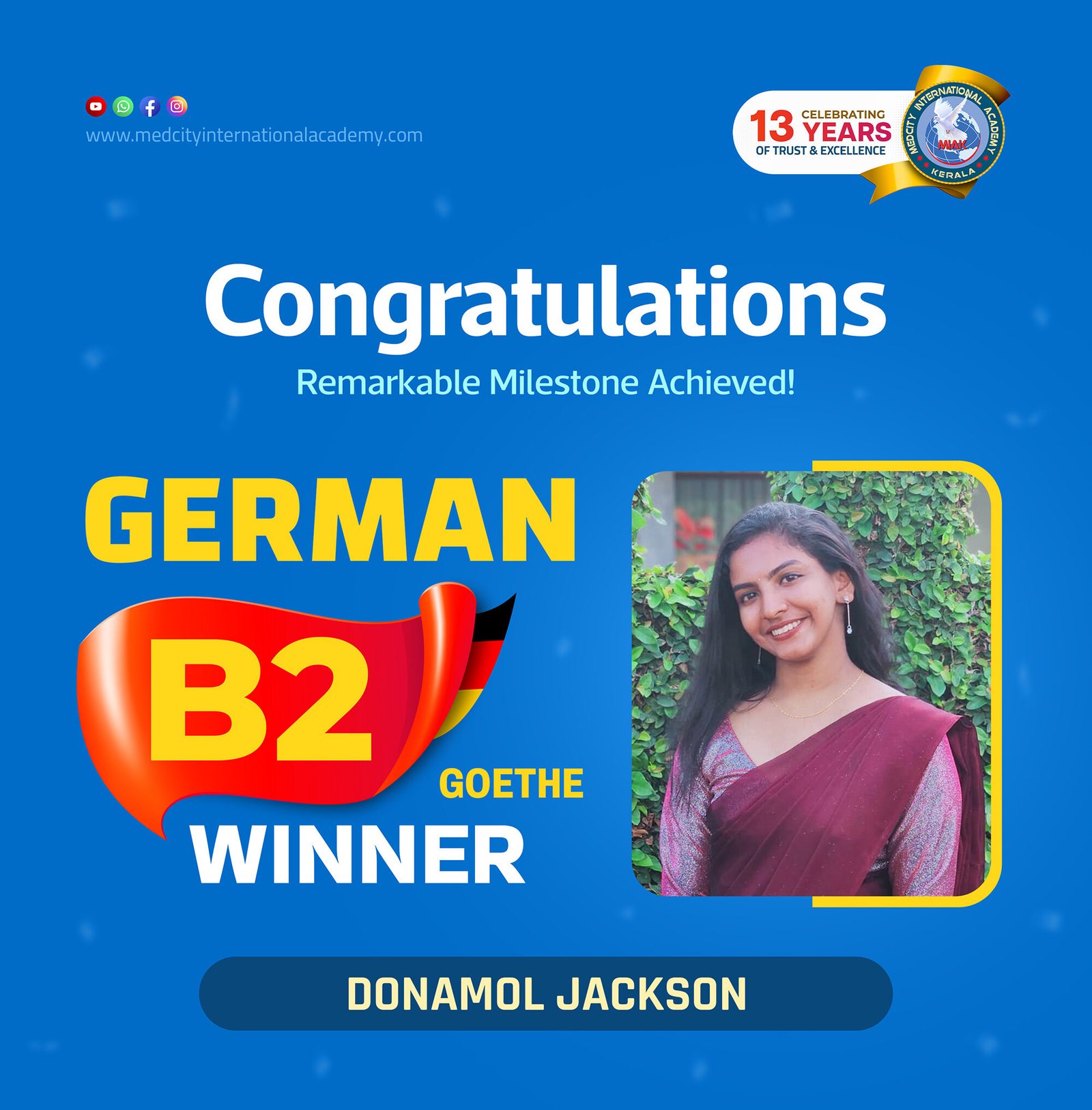 Medcity International Academy German B2 Goethe success banner featuring Donamol Jackson celebrating successful completion of the German B2 Goethe Examination. The banner highlights expert German language training for students preparing for higher education, Ausbildung programs, nursing careers, and employment opportunities in Germany.