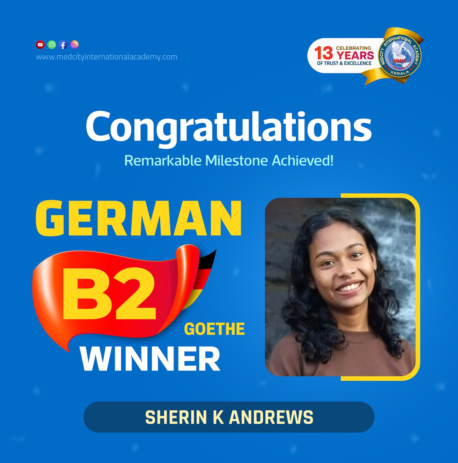 Medcity International Academy German B2 Goethe success banner featuring Sherin K Andrews celebrating successful completion of the German B2 Goethe Examination. The banner highlights expert German language training for students preparing for higher education, Ausbildung programs, nursing careers, and employment opportunities in Germany.