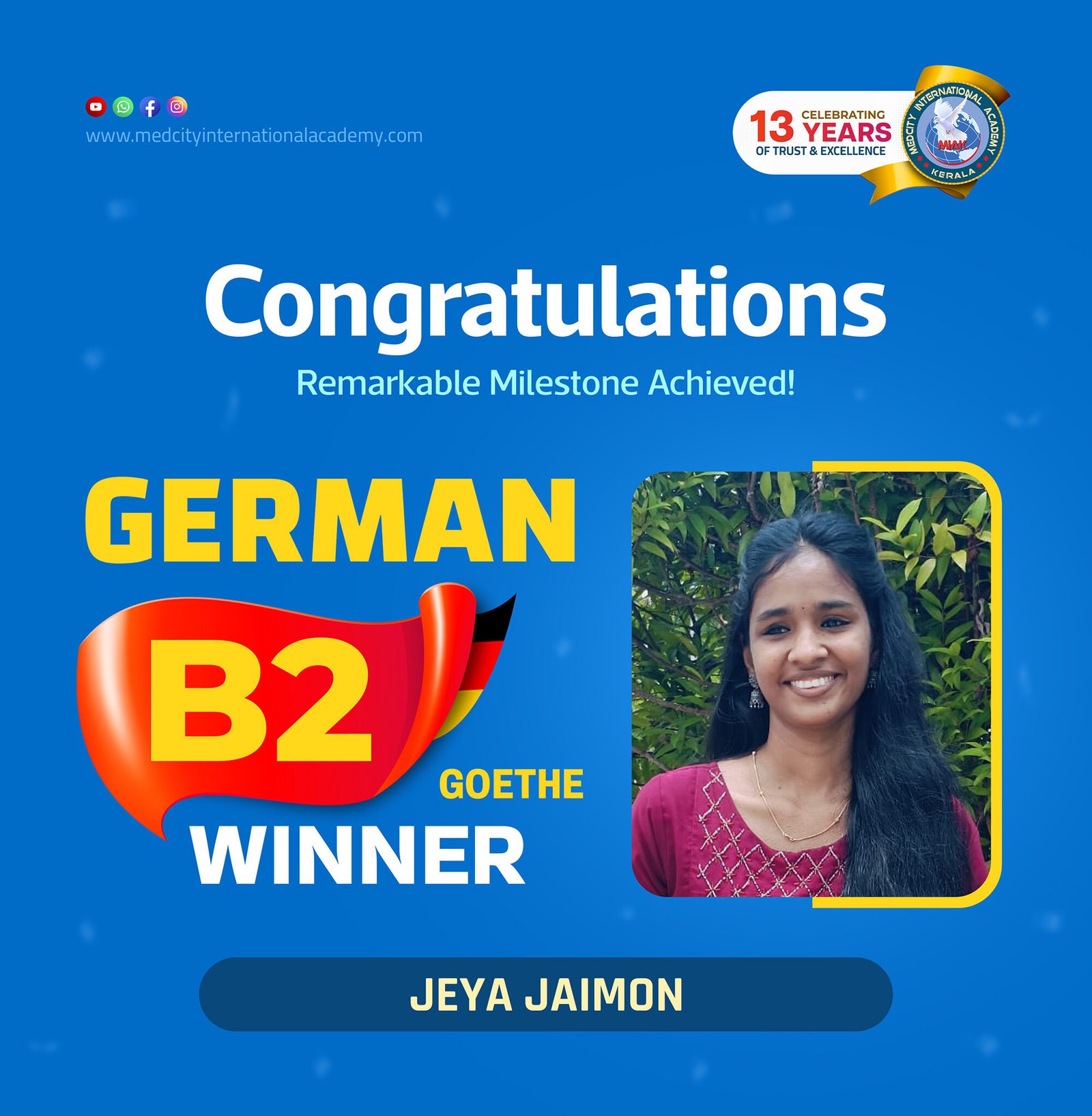 Medcity International Academy German B2 Goethe success banner featuring Jeya Jaimon celebrating successful completion of the German B2 Goethe Examination. The banner highlights expert German language training for students preparing for higher education, Ausbildung programs, nursing careers, and employment opportunities in Germany.
