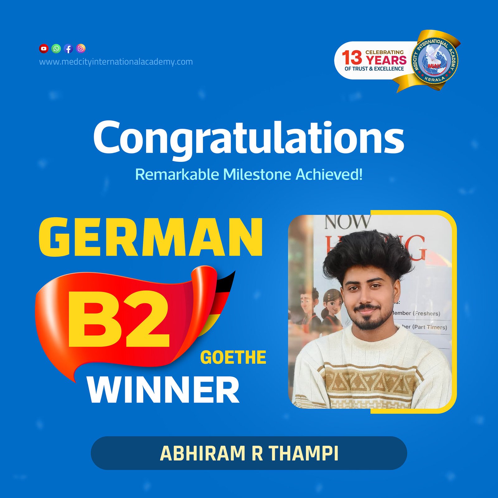 Medcity International Academy German B2 Goethe success banner featuring Abhiram R Thampi celebrating successful completion of the German B2 Goethe Examination. The banner highlights expert German language training for students preparing for higher education, Ausbildung programs, nursing careers, and employment opportunities in Germany.