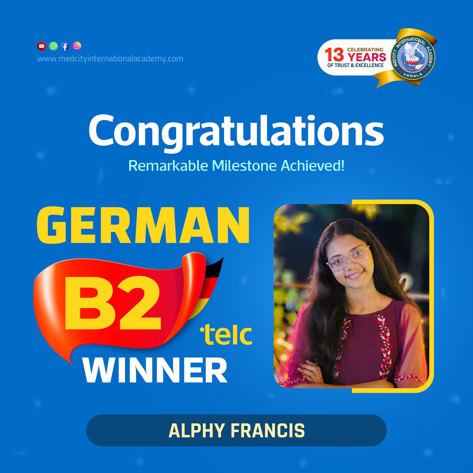 Medcity International Academy German B2 TELC success banner featuring Alphy Francis celebrating successful completion of the German B2 TELC Examination. The banner highlights expert German language training for students preparing for higher education, Ausbildung programs, nursing careers, and employment opportunities in Germany.