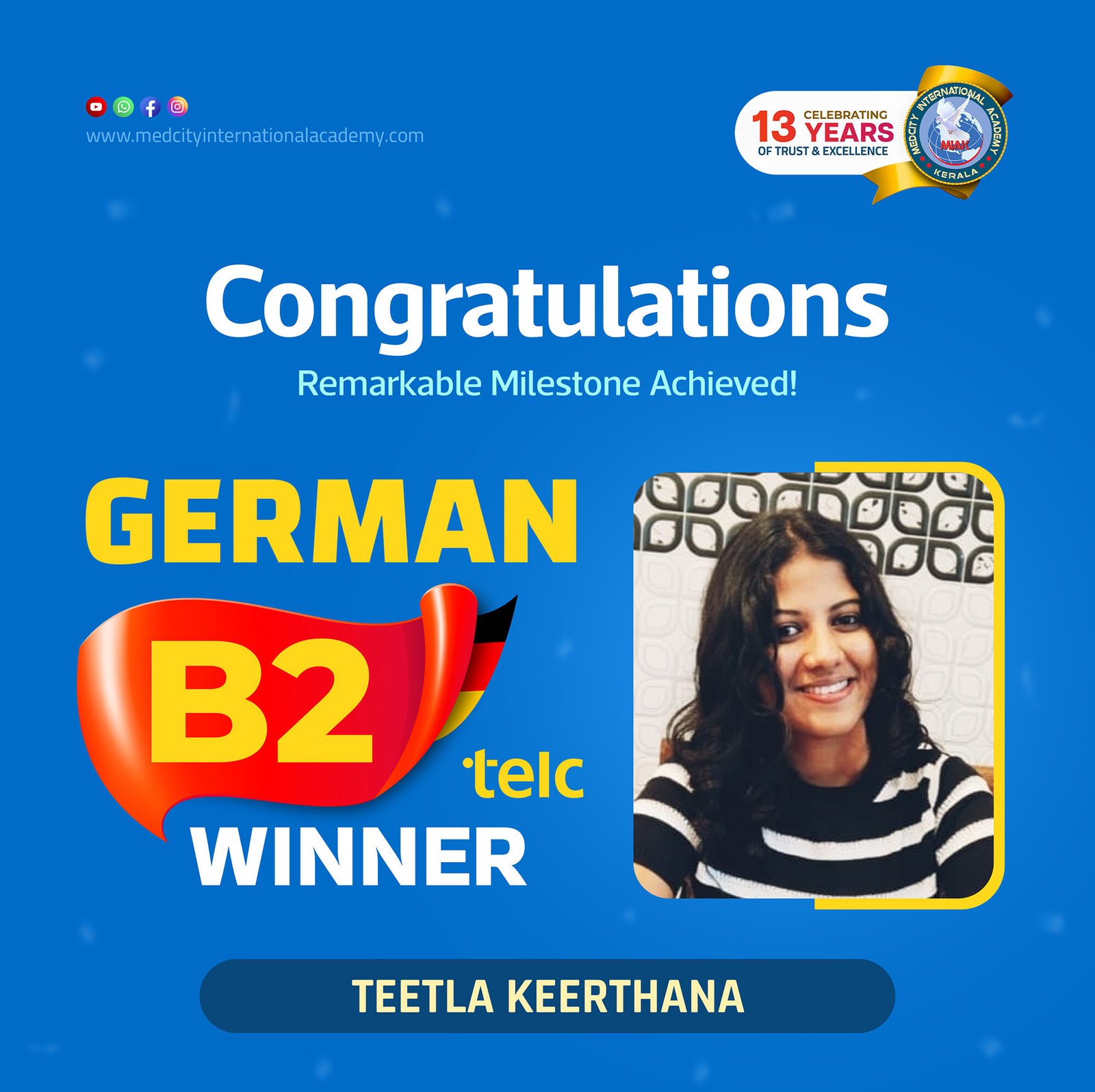 Medcity International Academy German B2 TELC success banner featuring Teetla Keerthana celebrating successful completion of the German B2 TELC Examination. The banner highlights expert German language training for students and professionals preparing for higher education, Ausbildung, nursing careers, and career opportunities in Germany.