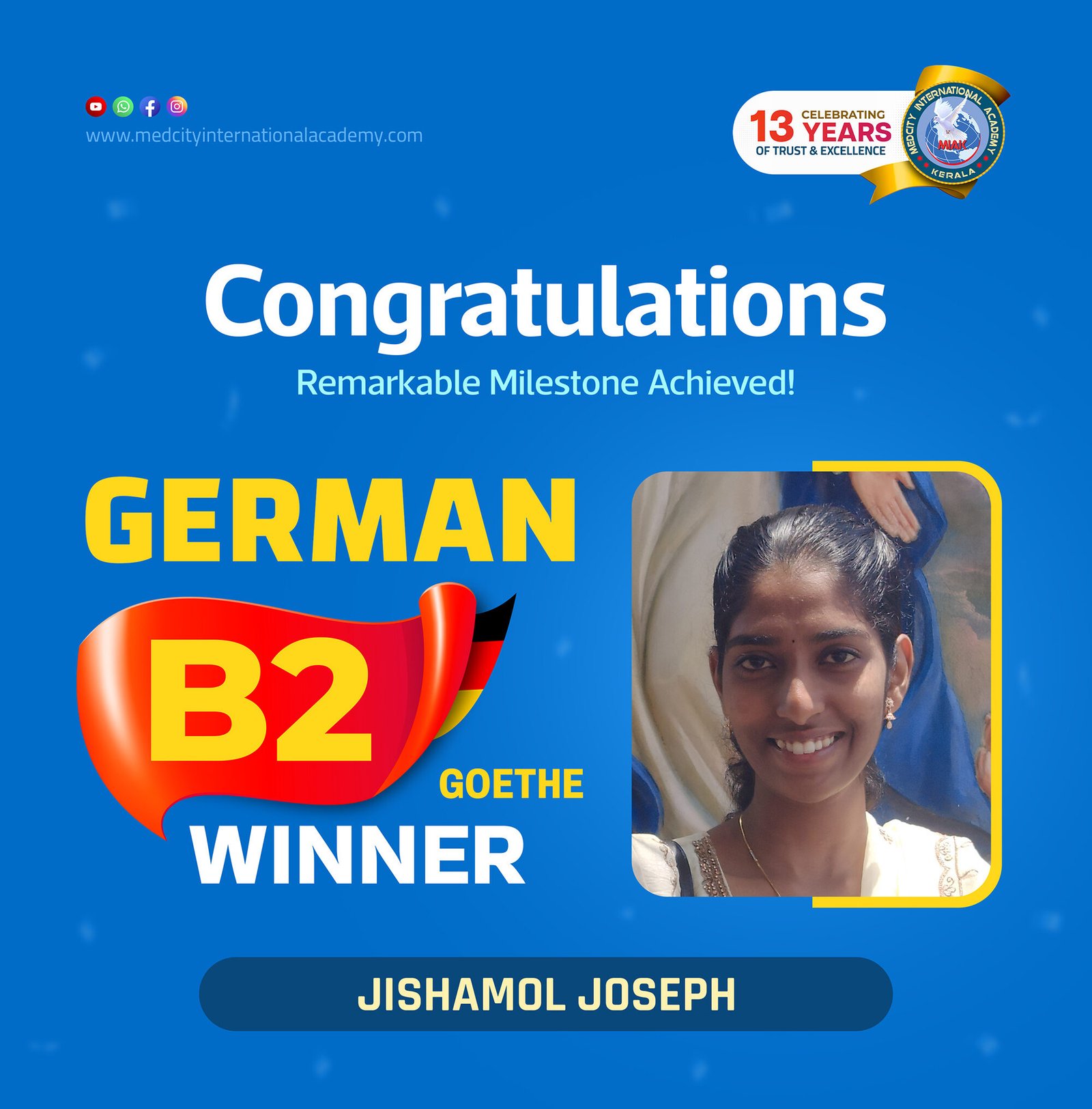 Medcity International Academy German B2 Goethe success banner featuring Jishamol Joseph celebrating successful completion of the German B2 Goethe Examination. The banner highlights expert German language training for students preparing for higher education, Ausbildung programs, nursing careers, and employment opportunities in Germany.